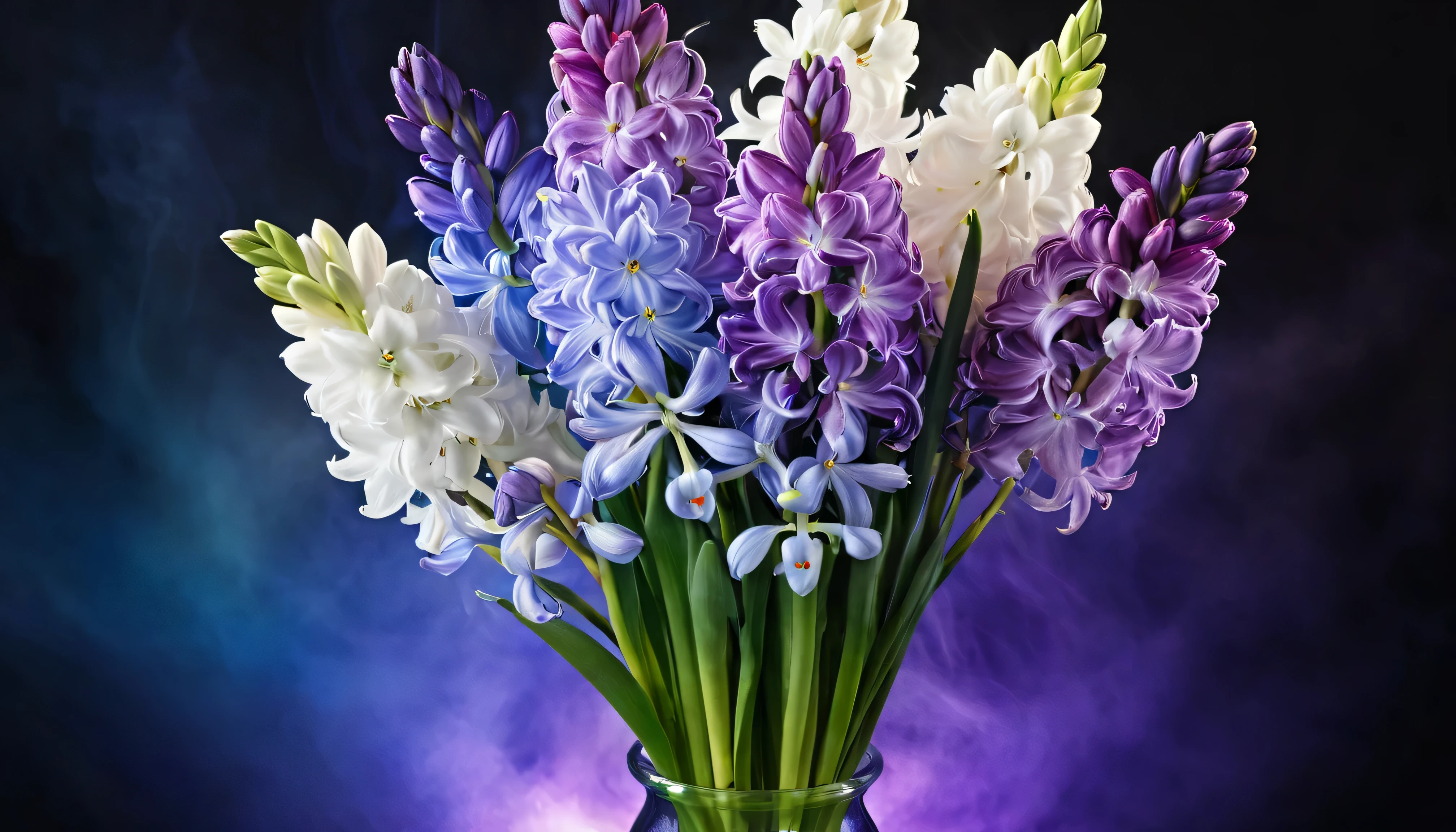 Hyacinth Delicate Flower Bouquet , Ultra-transparent, Sacred Light , Beautiful Spectral Light , Petals Shine, Blink, dark background , transparent light drops, Reflected Light , bright , light flowing in, Optics, Portrait Profile , sharp concentration, Magical, complicated, super real , fantasy, composition, light, Artstation trend , Pearl, Patronus clouds of silvery vapour , Corrosive enveloping light group , 8k, Ureaal Air 23v4 Upright