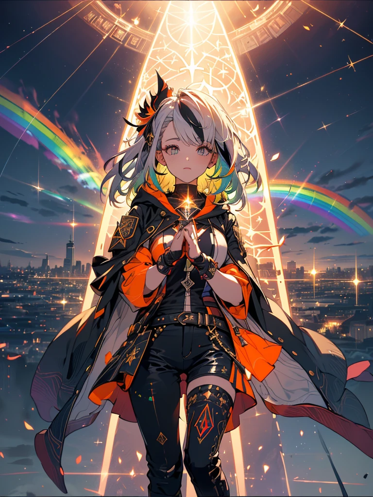  The girl wears tight pants , High boot with lace ,  The jacket with the hood on the back , ((( The girl is doing magic with her hands ,  runes and rays are fired from a laser jet))), Girl with a profile ,  The flowers swirling over the magical and funny scenery and many colors , { extremely detailed 16k CG unit wallpaper},  Expansive Landscape Photos , (Scenery looking up from below ), (Vast field views), ( photo low angle ), (high light: 1.2), (Low light: 1.4), (Warm Light Source : 1.2),  Complicated Details, (Seven colors of the rainbow : 1.5), ( bright lighting on the streets of New York), (air light),  dreamy,  single