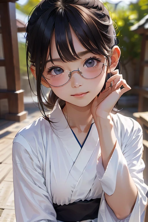 (( top quality)), ((傑 top quality、masterpiece、High sensitivity、 high resolution、 detailed depiction 、 delicate face depiction ))Slender Woman、Glasses、 for the first time、Praying at the Shrine 、Long-sleeved kimono、