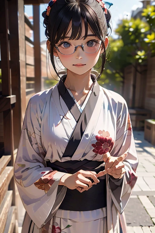 (( top quality)), ((傑 top quality、masterpiece、High sensitivity、 high resolution、 detailed depiction 、 delicate face depiction ))Slender Woman、Glasses、 for the first time、Praying at the Shrine 、Long-sleeved kimono、