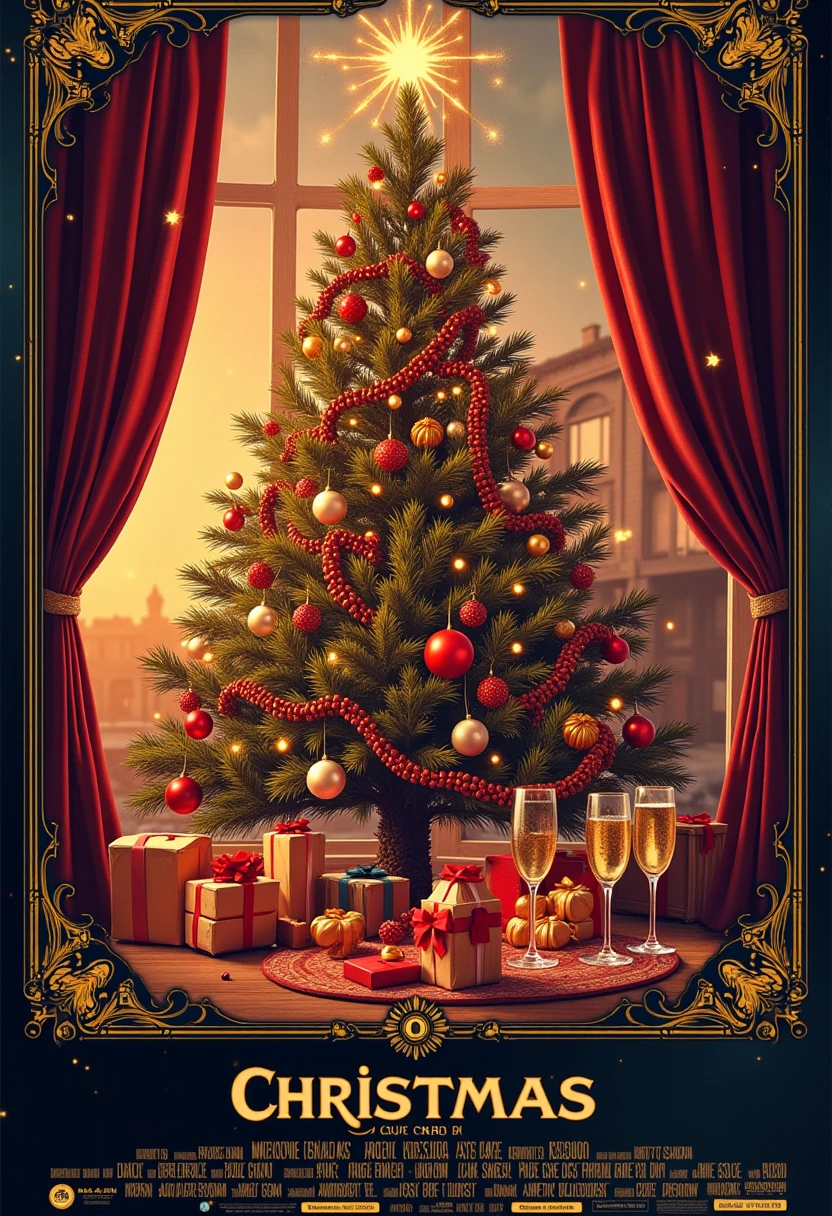 poster, Beautiful Glossy , mvpstrCE style, garlands ,  beautiful colors ,  very realistic ,  A Christmas tree and two glasses of champagne will touch,  The heart in the middle is beautiful , 8 k,  Lots of Details ,  masterpiece fails,  best quality , Complex Quality ,  complex details ,