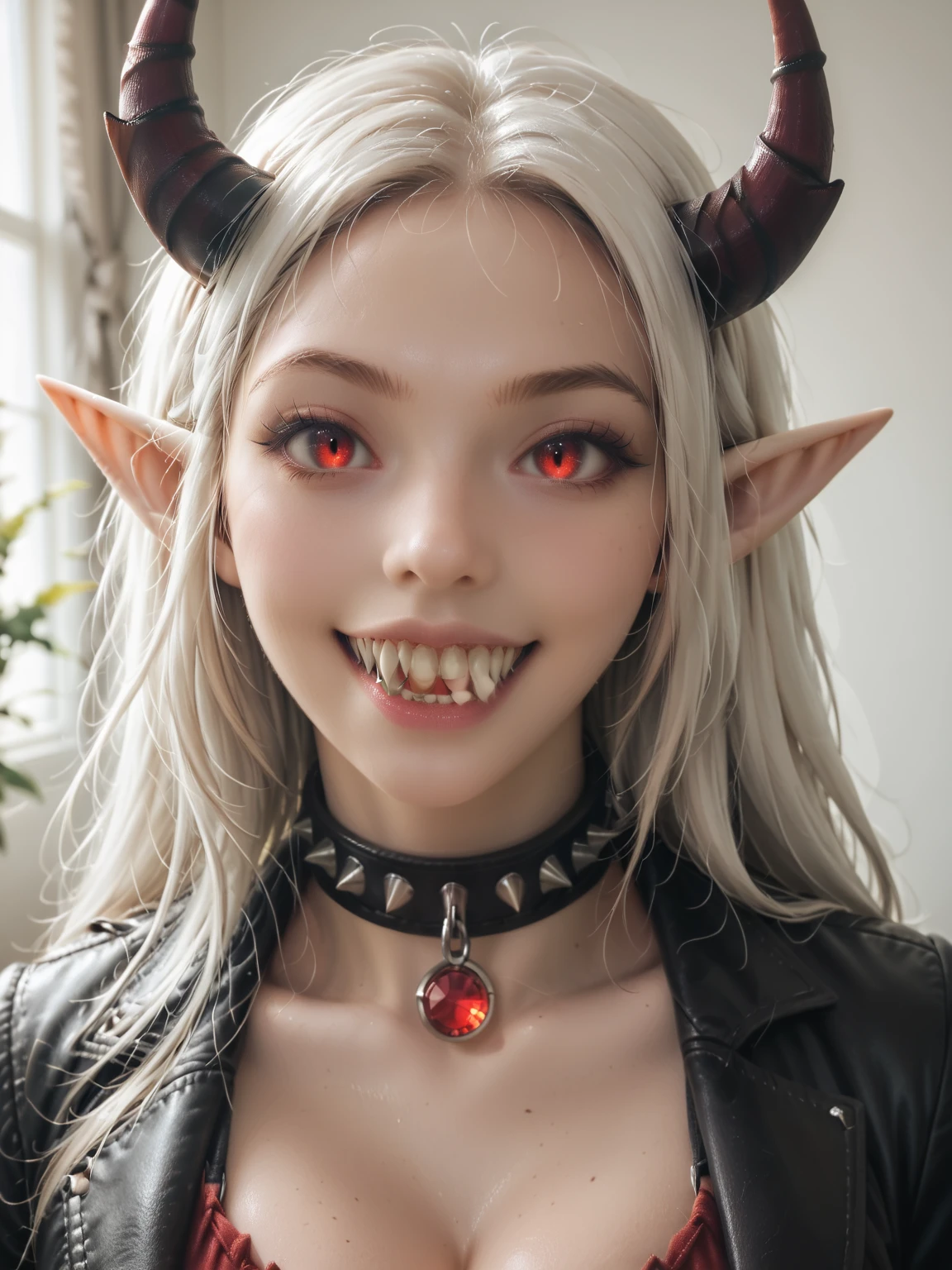 A photo of a woman with massive cleavage, (glowing red cat eyes:1.3), (long pointed ears:1.2), (large wide mouth:1.3), (shark teeth:1.5), (fangs:1.2), (neck collar:1.2), (dark tan skin:1.3), (white hair:1.1), (curved horns:1.1), wearing a black leather dominatrix outfit with red leather trim, glowing red jewels, sinister smile, detailed face, detailed eyes, detailed lips, detailed chest, highest quality, masterpiece, hyper-realistic, extremely detailed, intricate details, ultra high resolution, 8k, focus on face