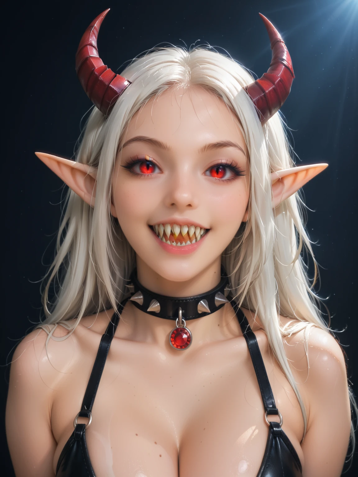 A photo of a woman with massive cleavage, (glowing red cat eyes:1.3), (long pointed ears:1.2), (large wide mouth:1.3), (shark teeth:1.5), (fangs:1.2), (neck collar:1.2), (dark tan skin:1.3), (white hair:1.1), (curved horns:1.1), wearing a black leather dominatrix outfit with red leather trim, glowing red jewels, sinister smile, detailed face, detailed eyes, detailed lips, detailed chest, highest quality, masterpiece, hyper-realistic, extremely detailed, intricate details, ultra high resolution, 8k, focus on face