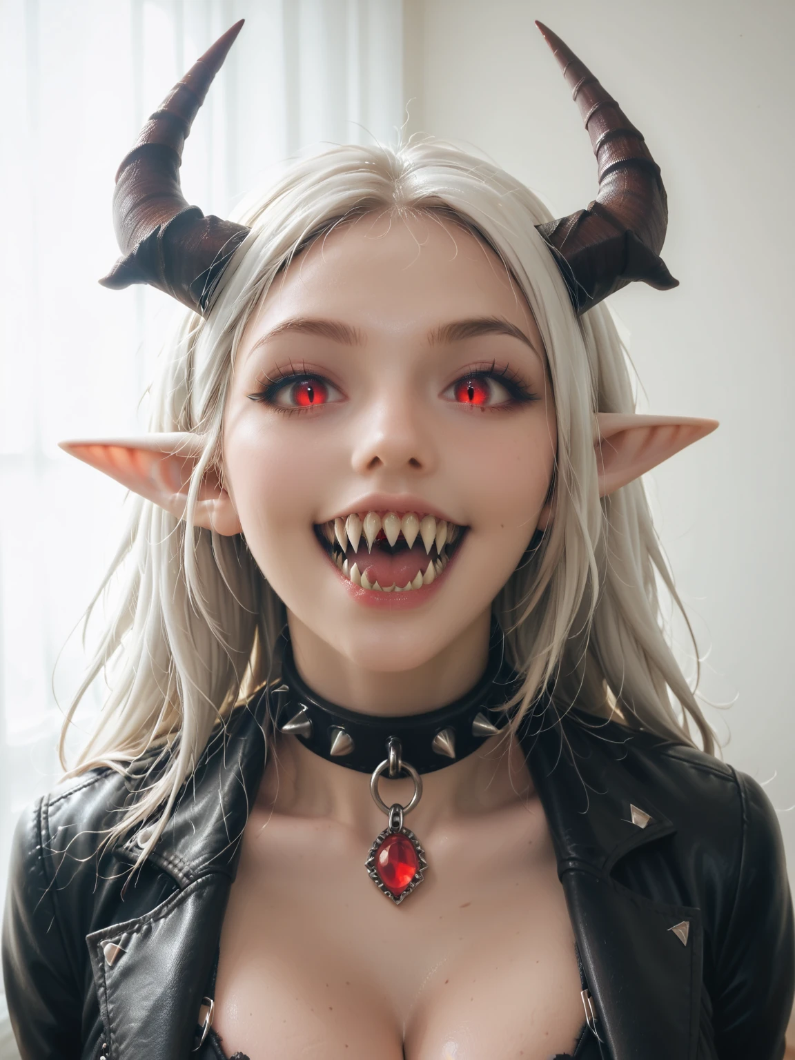 A photo of a woman with massive cleavage, (glowing red cat eyes:1.3), (long pointed ears:1.2), (large wide mouth:1.3), (shark teeth:1.5), (fangs:1.2), (neck collar:1.2), (dark tan skin:1.3), (white hair:1.1), (curved horns:1.1), wearing a black leather dominatrix outfit with red leather trim, glowing red jewels, sinister smile, detailed face, detailed eyes, detailed lips, detailed chest, highest quality, masterpiece, hyper-realistic, extremely detailed, intricate details, ultra high resolution, 8k, focus on face