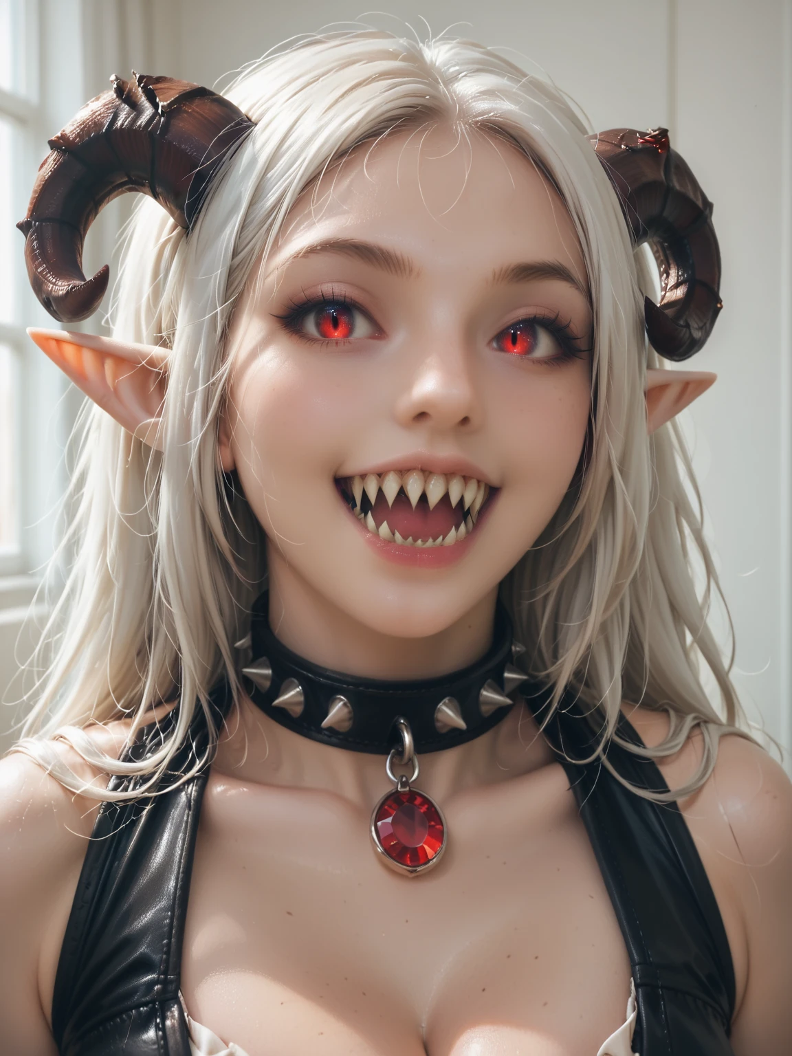 A photo of a woman with massive cleavage, (glowing red cat eyes:1.3), (long pointed ears:1.2), (large wide mouth:1.3), (shark teeth:1.5), (fangs:1.2), (neck collar:1.2), (dark tan skin:1.3), (white hair:1.1), (curved horns:1.1), wearing a black leather dominatrix outfit with red leather trim, glowing red jewels, sinister smile, detailed face, detailed eyes, detailed lips, detailed chest, highest quality, masterpiece, hyper-realistic, extremely detailed, intricate details, ultra high resolution, 8k, focus on face