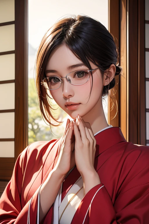 (( top quality)), ((傑 top quality、masterpiece、High sensitivity、 high resolution、 detailed depiction 、 delicate face depiction ))Slender Woman、Glasses、 for the first time、Praying at the Shrine 、Long-sleeved kimono、