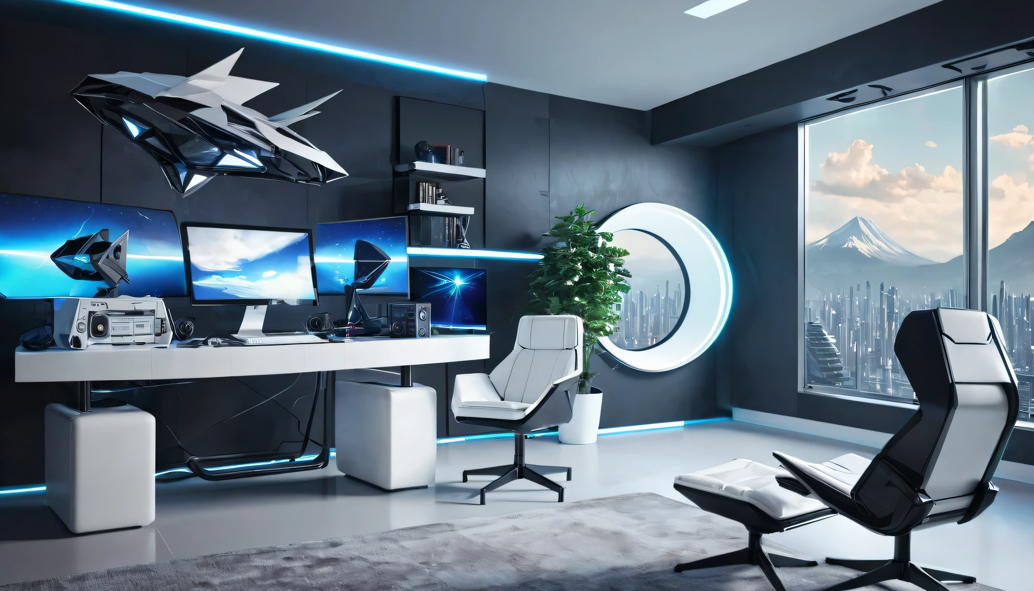 I have a 、 monitor and chair on my computer desk, futuristic interior , futuristic room, retro futuristic apartment, futuristic room background, futuristic living room , Futuristic architectural art , Desktop Graphics, Sci-Fi Interior, Futuristic architecture with attention to detail, gorgeous 3d rendering , origami studio 3 design , Rendered with Lumion Pro, Stunning 3D rendering