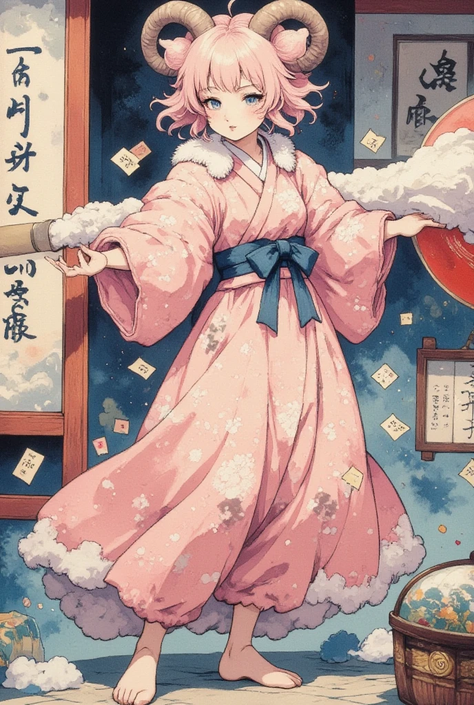 masterpiece:1.3,  highres icon:1.3, (Brush painting, Alone:1.2), One Girl \She has fluffy pink hair tied up:1.5\Round sheep horns:1.2\Thick eyebrows:1.1\Brave expression, smug face:1.5,  pink furry sleeve \long-sleeved kimono:1.5, Waving a human-sized brush :1.4, Letters written on paper "Fifty thousand thanks " written on paper on the hanging scroll "Fifty thousand thanks " break "Fifty thousand thanks " Japanese style room:1.3,  vivid brush illustration