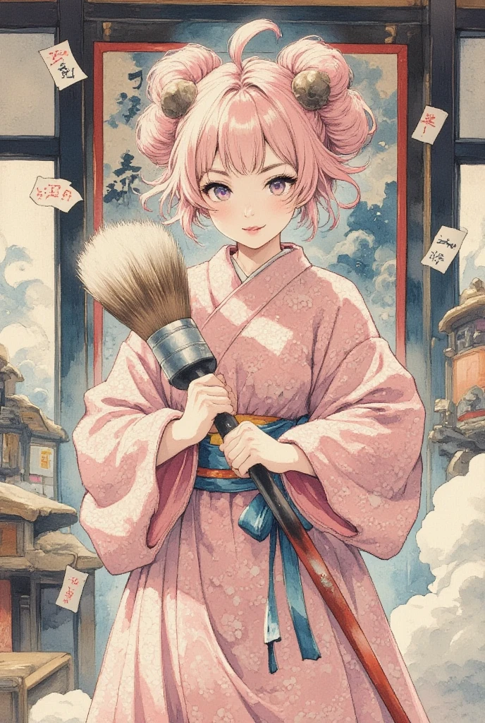 masterpiece:1.3,  highres icon:1.3, (Brush painting, Alone:1.2), One Girl \She has fluffy pink hair tied up:1.5\Round sheep horns:1.2\Thick eyebrows:1.1\Brave expression, smug face:1.5,  pink furry sleeve \long-sleeved kimono:1.5, Waving a human-sized brush :1.4, Letters written on paper "Fifty thousand thanks " written on paper on the hanging scroll "Fifty thousand thanks " break "Fifty thousand thanks " Japanese style room:1.3,  vivid brush illustration