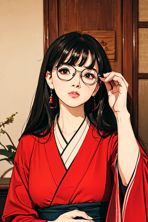 (( top quality)), ((傑 top quality、masterpiece、High sensitivity、 high resolution、 detailed depiction 、 delicate face depiction ))Slender Woman、Glasses、 for the first time、Praying at the Shrine 、Long-sleeved kimono、