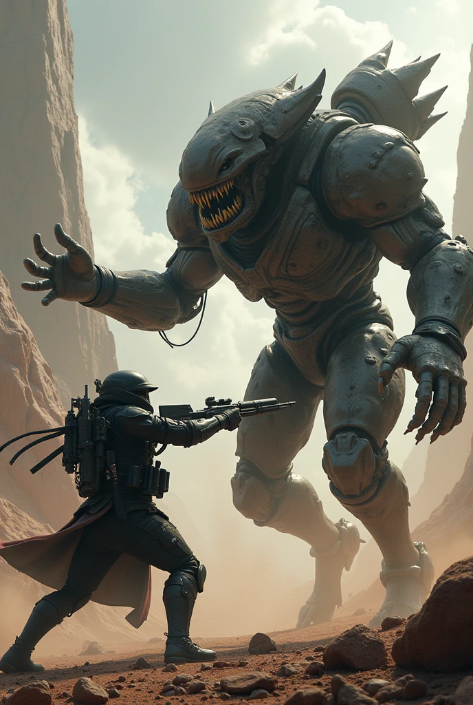 Mantodeos with its saw-like claws with a metal body looking at a person on an apocalyptic background 