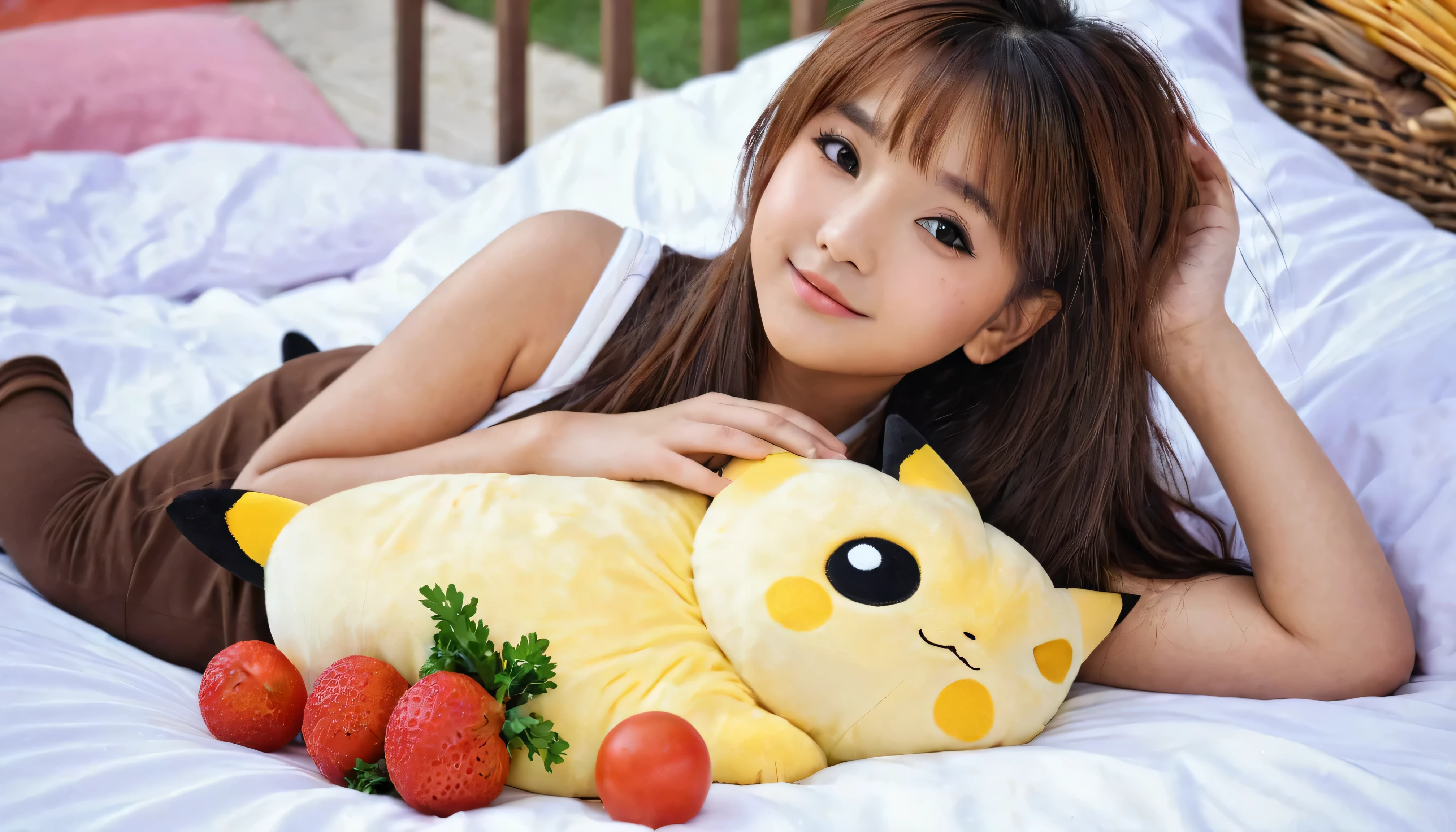 Pokekid, Pokekid, brown Food, Food, One Girl , top quality, outdoor, high definition , cute, lying on the cute bed,