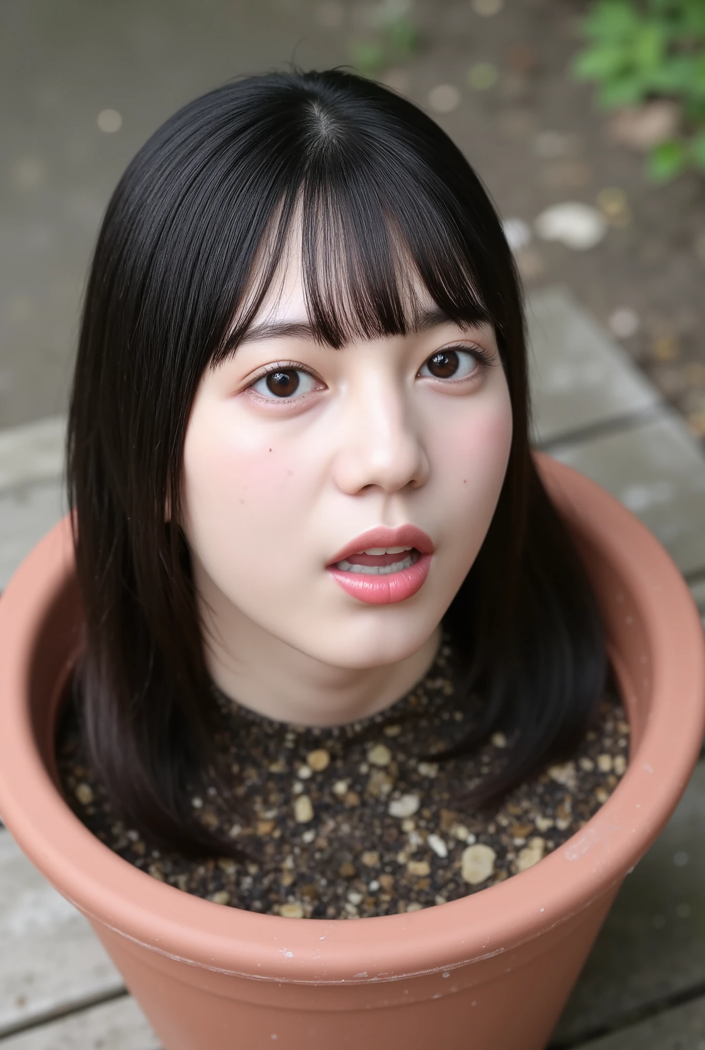 (The high resolution photograph of a young Japanese woman's disembodied head in a flower pot without flowers on the table), photo realistic, masterpiece, amazing quality, intricate details, professional lighting, close-up of her head, face focus, black hair with thick blunt bangs, detailed face, detailed eyes, sophisticated nose, (open mouth, cum in mout byh), profile, view from above, looking up at the viewer, outdoors, daylight, tomak,