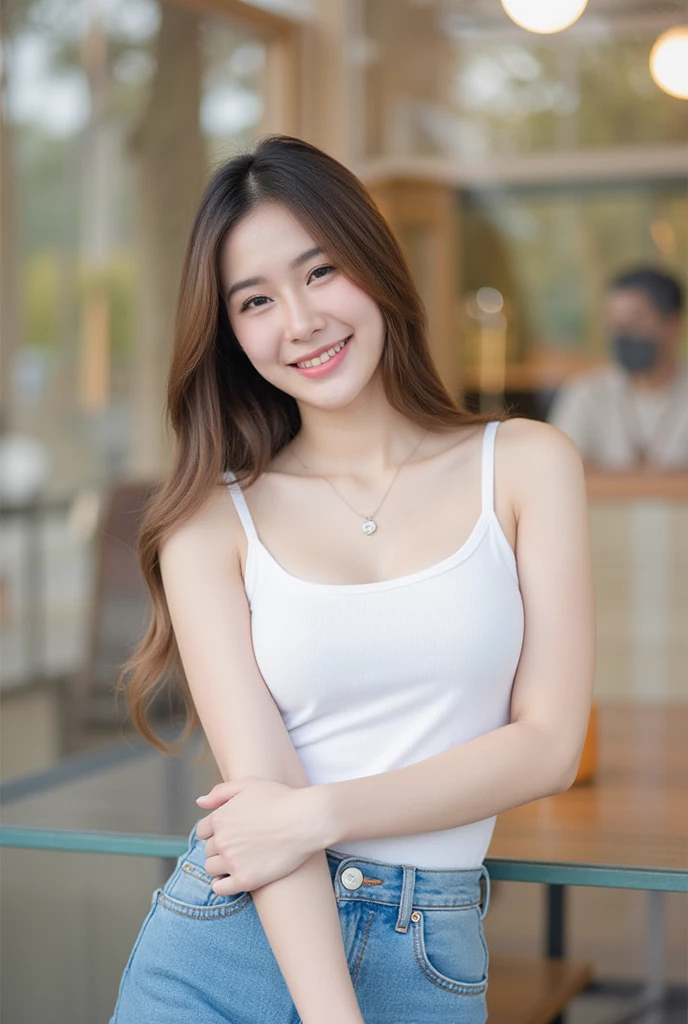   . A Korean girl with long hair   ,   Natural Brown Hair  ,   Middle chest,  smile, Saw a white tooth ,   wearing a white tank top ,,  Long blue jeans , RANDOM GESTURES, stand ,   daylight   ,   daylight   , there in a cafe    ,