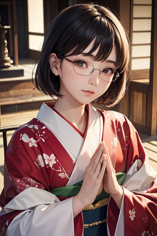 (( top quality)), ((傑 top quality、masterpiece、High sensitivity、 high resolution、 detailed depiction 、 delicate face depiction ))Slender Woman、Glasses、 for the first time、Praying at the Shrine 、Long-sleeved kimono、