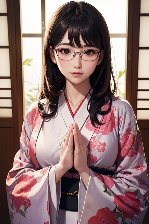 (( top quality)), ((傑 top quality、masterpiece、High sensitivity、 high resolution、 detailed depiction 、 delicate face depiction ))Slender Woman、Glasses、 for the first time、Praying at the Shrine 、Long-sleeved kimono、