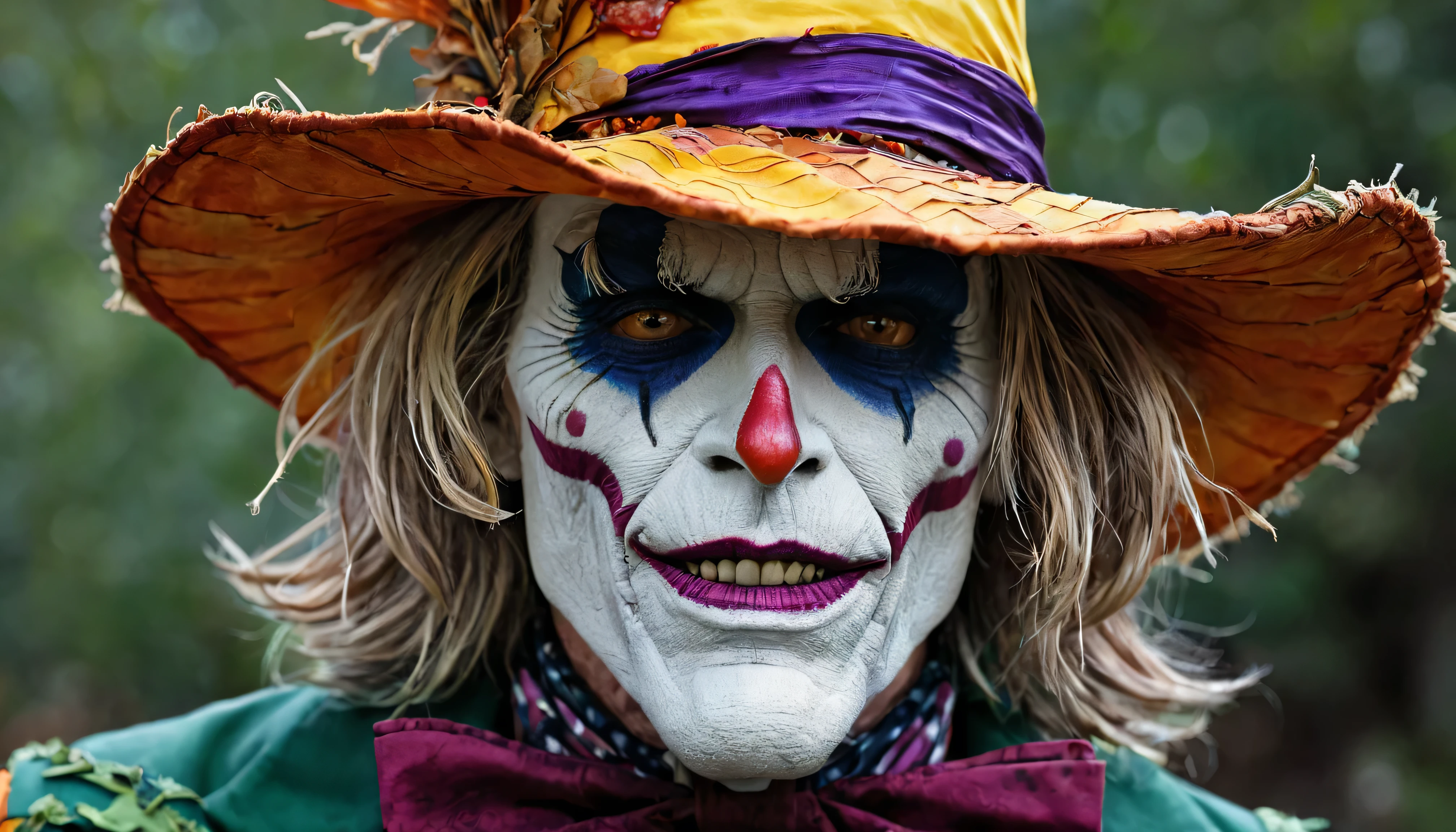 silk hat by Willem Dafoe, John Picacio and Brom, Close up of a man wearing a Scarecrow , Best Behance , Mad Hatter , josan gonzalez と tyler edlin, Jack Davis,, Character design, embers, Bright and bold colors, Macro Lens, Dark fantasy, Decopunk, cinematic , dslr , Bokeh, American Horror Story, Redneck