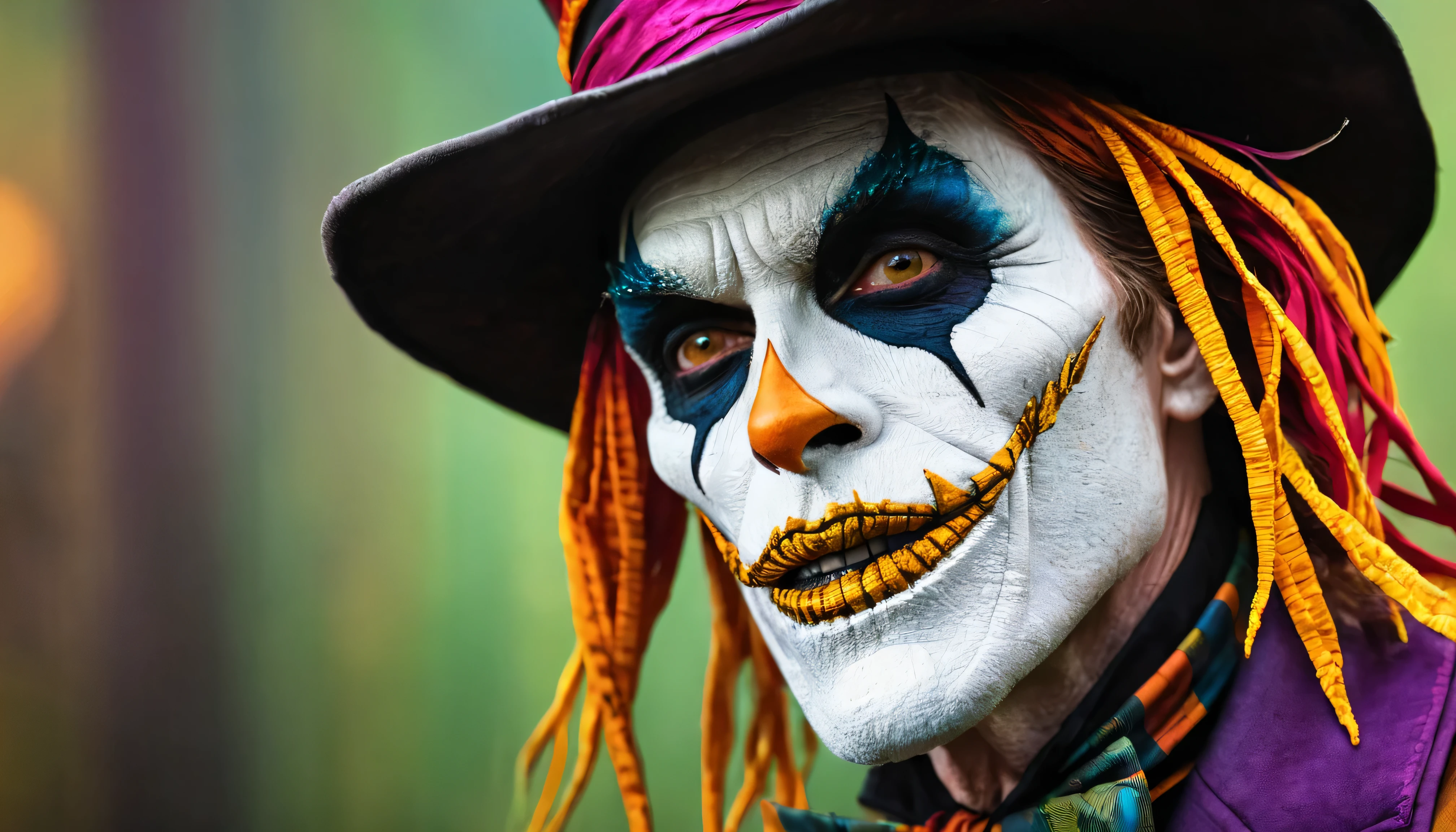 silk hat by Willem Dafoe, John Picacio and Brom, Close up of a man wearing a Scarecrow , Best Behance , Mad Hatter , josan gonzalez と tyler edlin, Jack Davis,, Character design, embers, Bright and bold colors, Macro Lens, Dark fantasy, Decopunk, cinematic , dslr , Bokeh, American Horror Story, Redneck