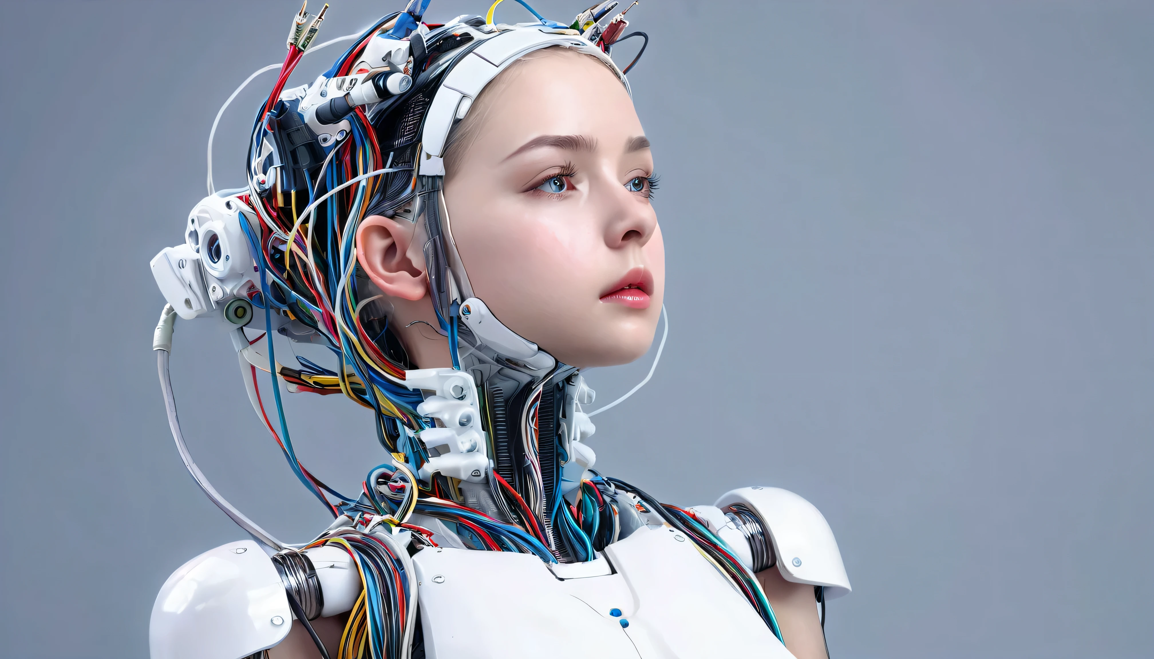 (((masterpiece))), ((( top quality))), (( ultra detail)), ( high definition CG illustration), (( is extremely delicate and beautiful)),( cute delicate face ),Cinematic Light,((one mechanical girl)),Alone, full body,(mechanical joint :1.4),((Mechanical Limbs)),(Blood vessels are connected to tubes ),(( mechanical vertebrae attached to the back )),((Mechanical cervical vertebra attached to the neck )),(( is sitting)), are expressionless,( wires and cables attached to the head and body:1.5),( Character Focus ),science fiction