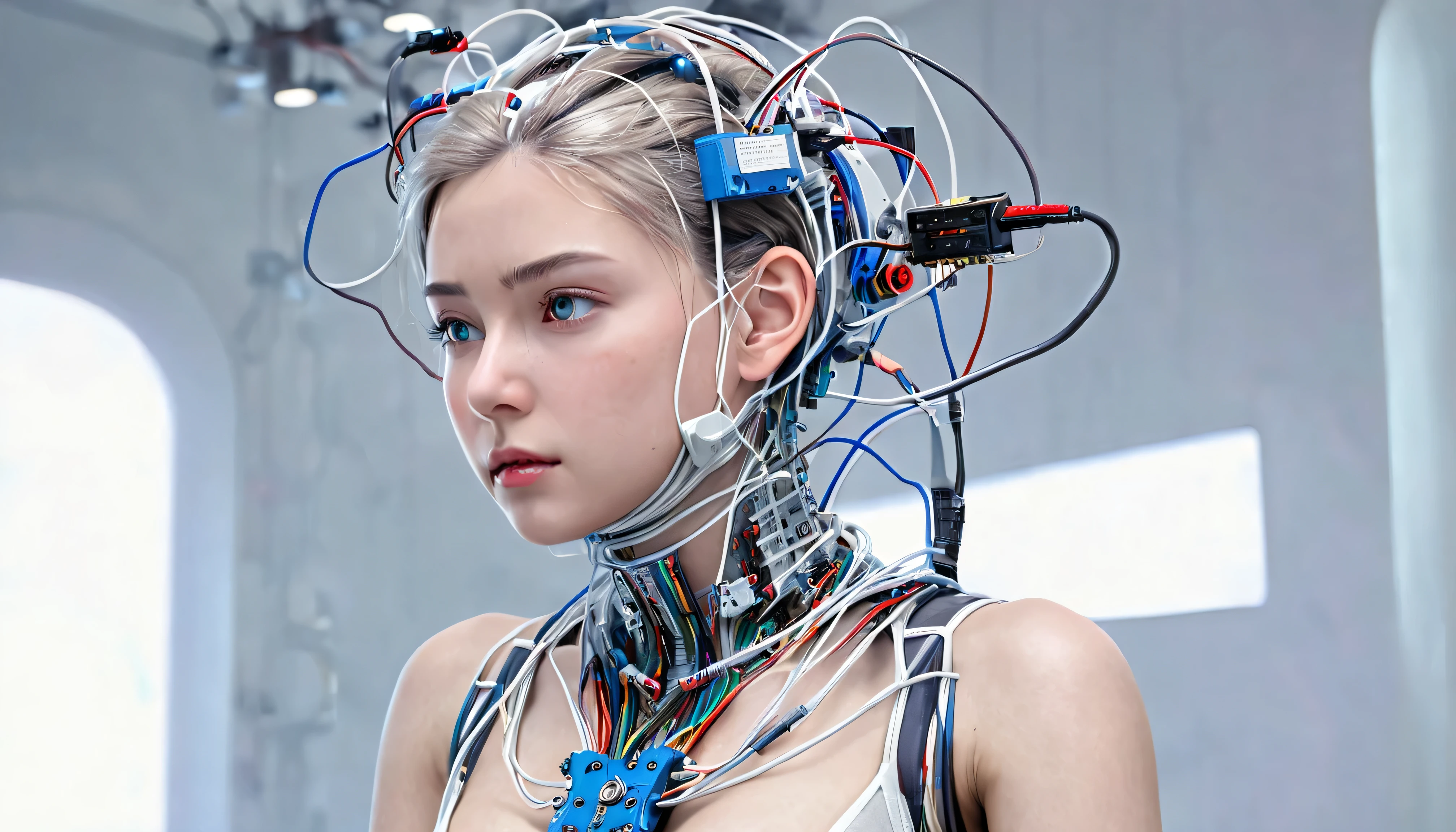 (((masterpiece))), ((( top quality))), (( ultra detail)), ( high definition CG illustration), (( is extremely delicate and beautiful)),( cute delicate face ),Cinematic Light,((one mechanical girl)),Alone, full body,(mechanical joint :1.4),((Mechanical Limbs)),(Blood vessels are connected to tubes ),(( mechanical vertebrae attached to the back )),((Mechanical cervical vertebra attached to the neck )),(( is sitting)), are expressionless,( wires and cables attached to the head and body:1.5),( Character Focus ),science fiction