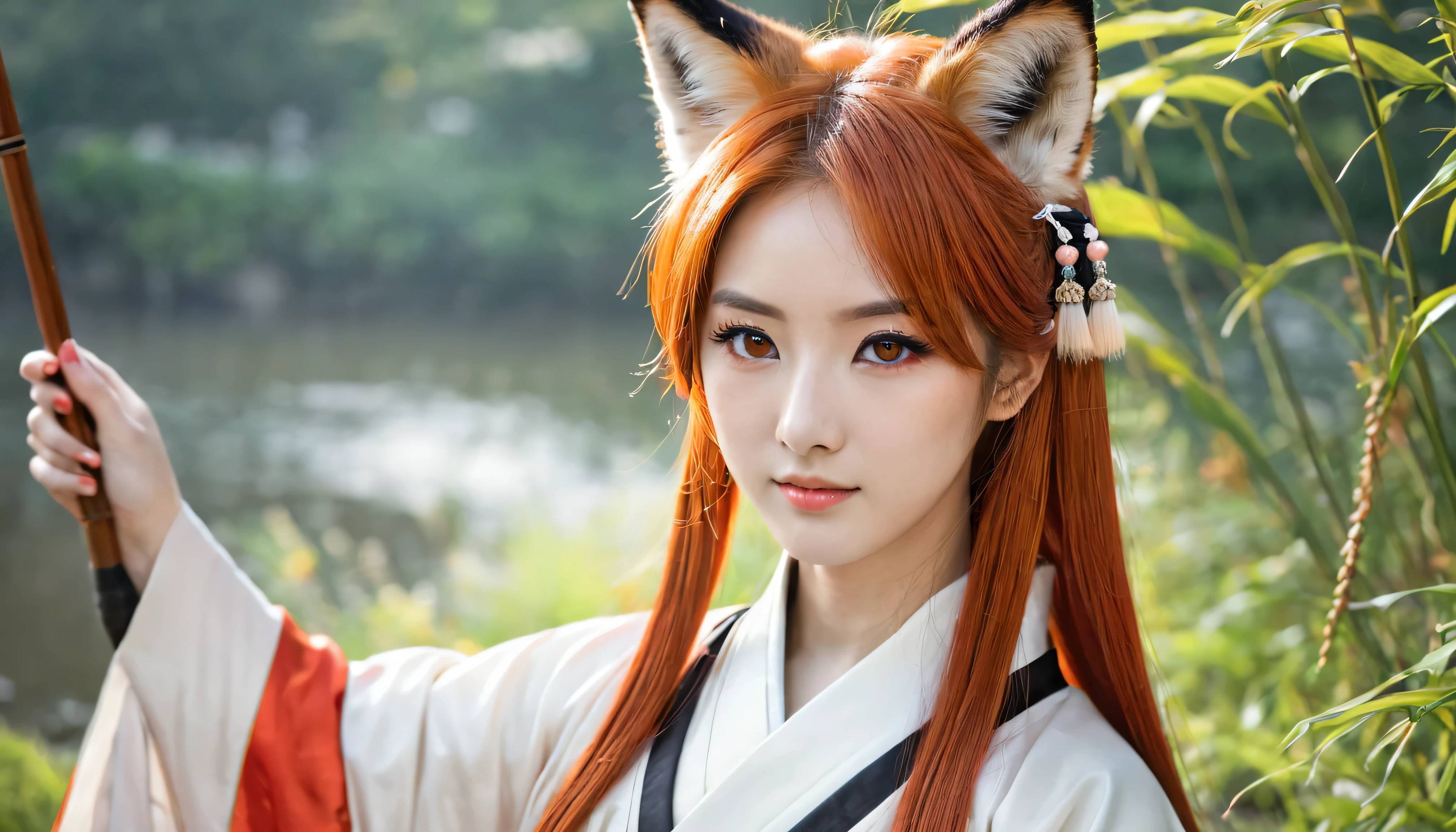 Women,tsurime, orange eyes,Fox_ear, Foxtail ,red_hair,Low-tied long hair,Hanfu, 1 boy