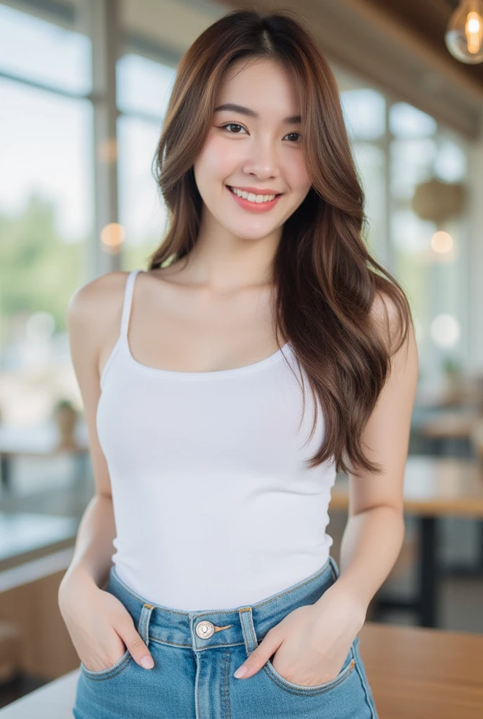   . A Korean girl with long hair   ,   Natural Brown Hair  ,   Middle chest,  smile, Saw a white tooth ,   wearing a white tank top ,,  Long blue jeans , RANDOM GESTURES, stand ,   daylight   ,   daylight   , there in a cafe    ,