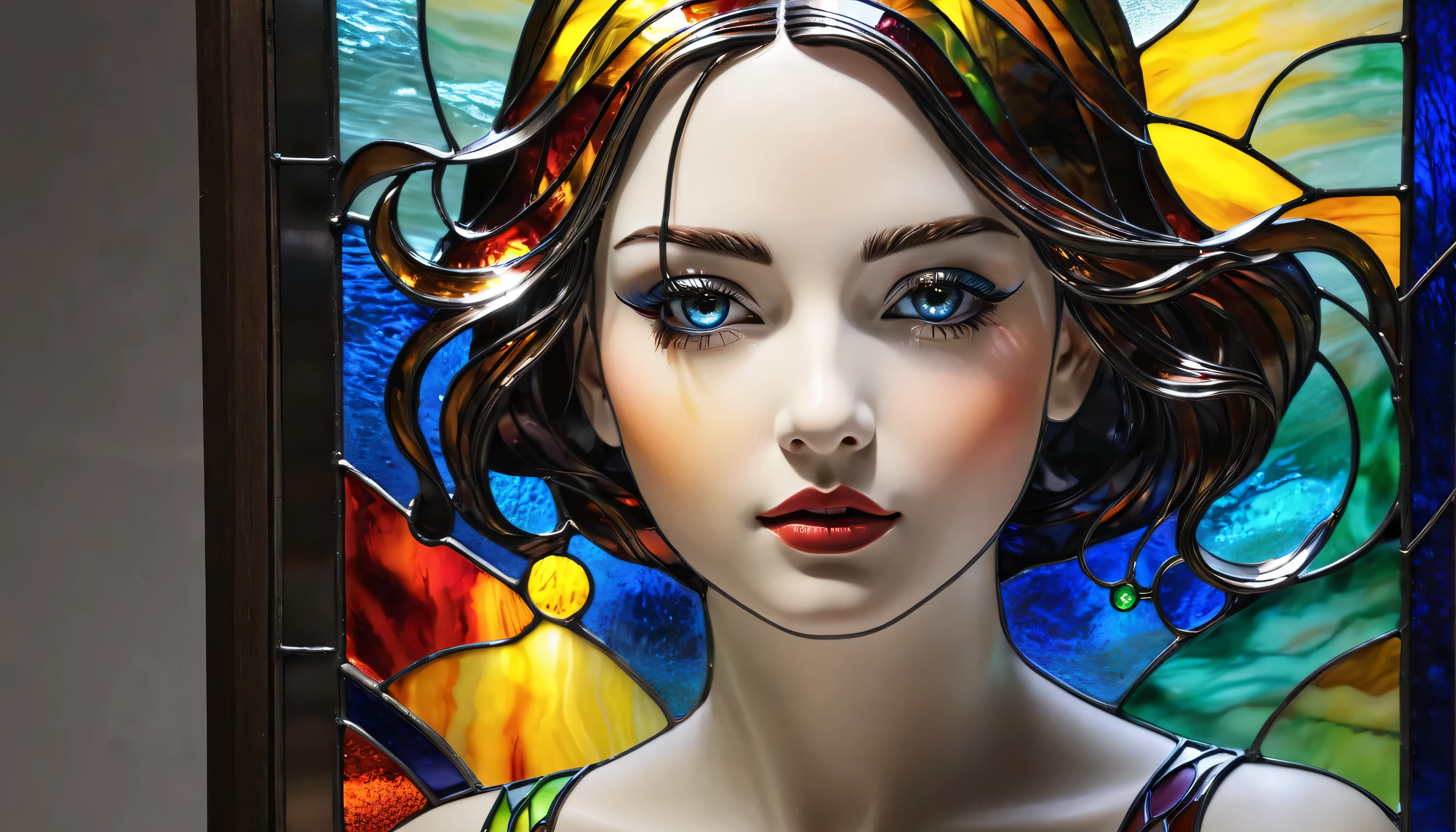 (masterpiece, Top Quality, top quality, Official Art, beautiful and aesthetic :1.2),( One Girl :1.3), One Girl BREAK stained glass art, Colored Glass, Lead Wire, light transmission BREAK bright colors , intricate design, Glowing effect, spiritual atmosphere
