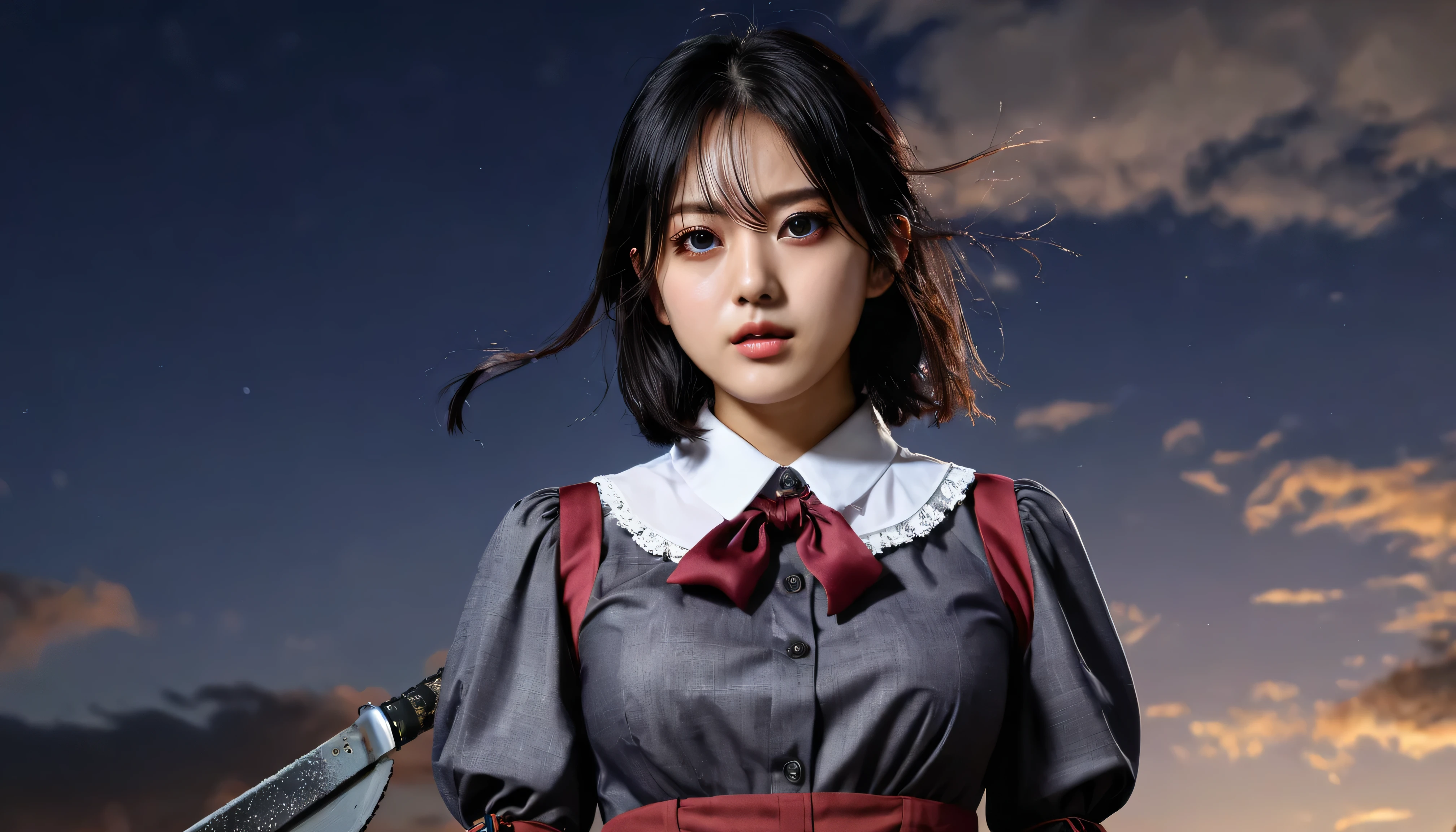 ( ultra-realistic ), ( illustration), ( high resolution), (8k), ( very detailed), (best illustration), night ( Chainsaw Man ), ( beautiful eyes in every detail ), ( top quality), ( ultra detail), (masterpiece), ( wallpaper), ( detailed face ), Alone, upper body, focus on the face , 1 girl, long black hair , Korean, thin eyeshadow, detailed eyes, brown eyes, small mole under eye , Long sleeve shirt, Neck Bow, small breasts, pinaphore dress , dynamic pose, Low lighting, knight , dark, cloud, dark knight