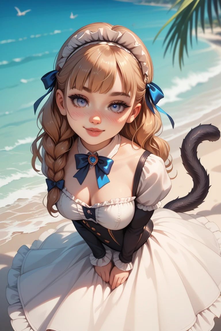 best quality, ultra hi res, photoreaslistic, a photography of a beautiful woman, 30yo teen age, detailed face, black Messy fishtail braid, (detailed porcelain doll,delicate clothes with a lot of frills and ribbons), Beach, (face close up), seductive look, looking at viewer