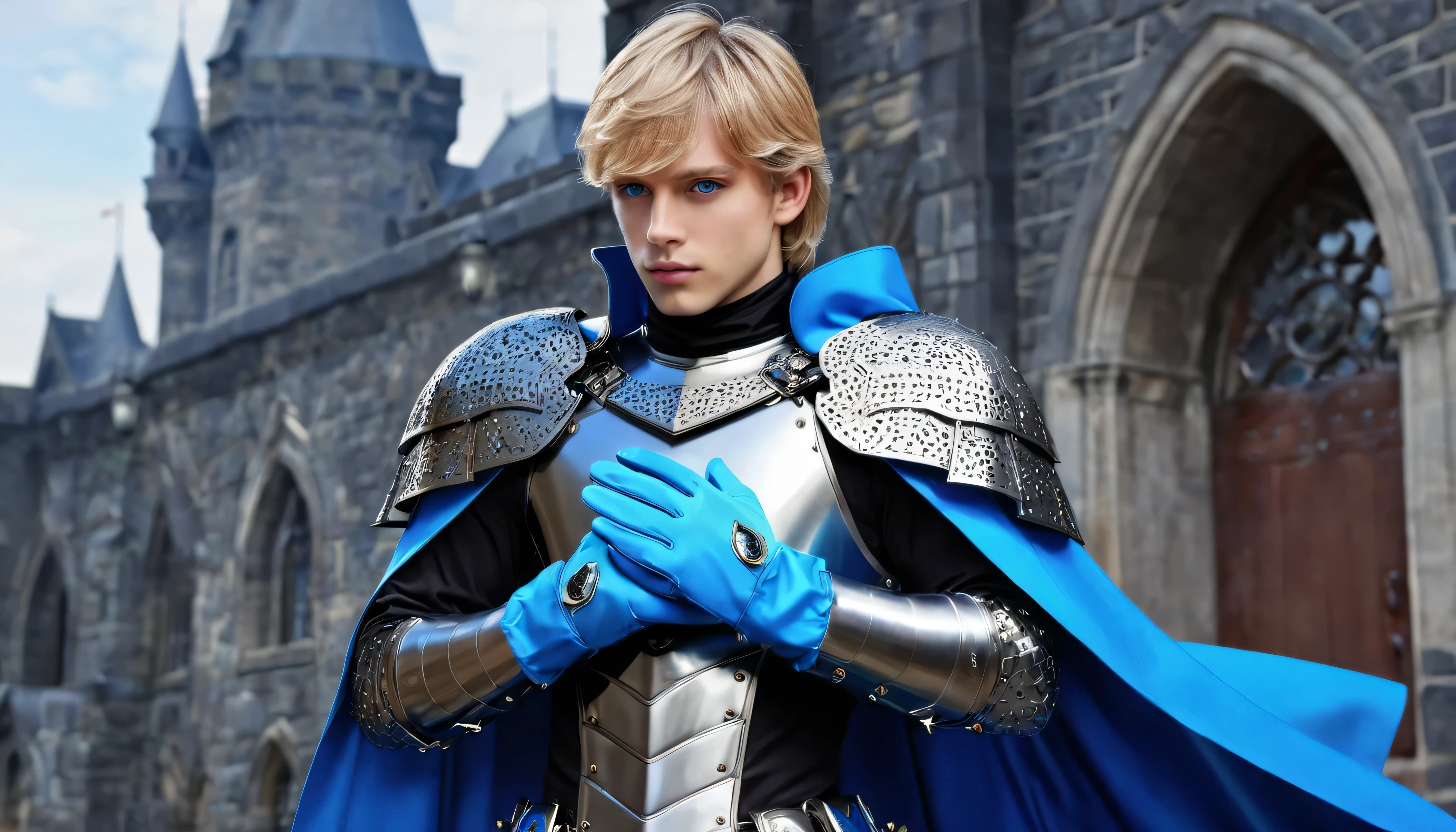 masterpiece, top quality, 1 person, adult, Male attention, Alone, medium blond hair, bright blue eyes , gloves, Watch Viewers , Cape, high quality metal texture , Semi-metallic armor, closed mouse, black metalic gloves, upper body, bangs, High collar,(KBXLL-san:0.6), fantasy aesthetics, very detailed
