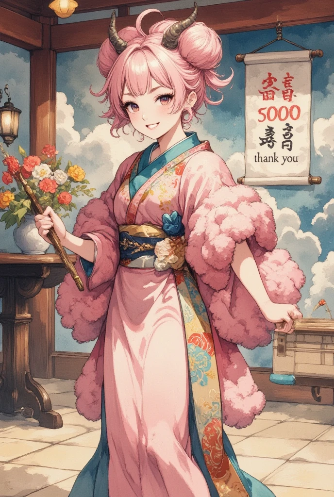 masterpiece:1.3,  highres icon:1.3, (Brush painting, Alone:1.2), One Girl \She has fluffy pink hair tied up:1.5\Round sheep horns:1.2\Thick eyebrows:1.1\Brave expression, smug face:1.5,  pink furry sleeve \long-sleeved kimono:1.5, Waving a human-sized brush :1.4, Letters written on paper "50,000" " thank you" written on paper on the hanging scroll "50,000" break "50,000" Japanese style room:1.3,  vivid brush illustration