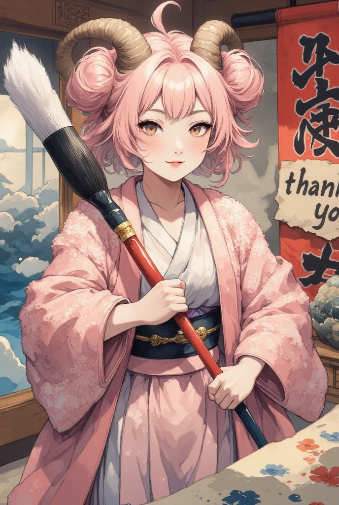 masterpiece:1.3,  highres icon:1.3, (Brush painting, Alone:1.2), One Girl \She has fluffy pink hair tied up:1.5\Round sheep horns:1.2\Thick eyebrows:1.1\Brave expression, smug face:1.5,  pink furry sleeve \long-sleeved kimono:1.5, Waving a human-sized brush :1.4, Letters written on paper "50,000" " thank you" written on paper on the hanging scroll "50,000" break "50,000" Japanese style room:1.3,  vivid brush illustration