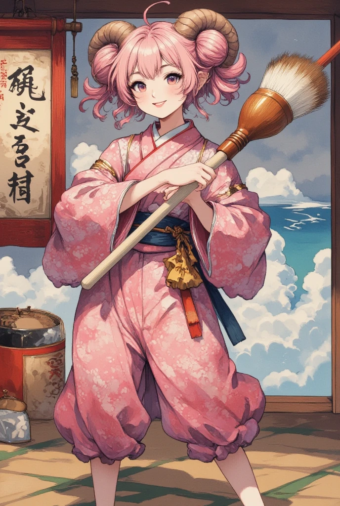 masterpiece:1.3,  highres icon:1.3, (Brush painting, Alone:1.2), One Girl \She has fluffy pink hair tied up:1.5\Round sheep horns:1.2\Thick eyebrows:1.1\Brave expression, smug face:1.5,  pink furry sleeve \long-sleeved kimono:1.5, Waving a human-sized brush :1.4, Letters written on paper "50,000" " thank you" written on paper on the hanging scroll "50,000" break "50,000" Japanese style room:1.3,  vivid brush illustration