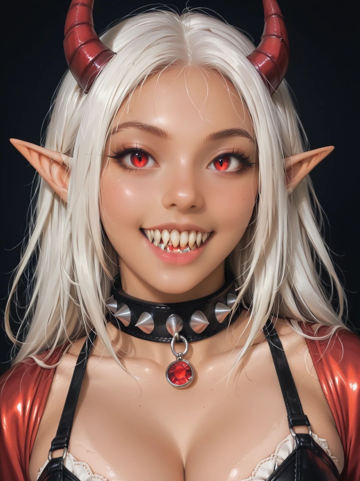 A photo of a woman with massive cleavage, (glowing red cat eyes:1.3), (long pointed ears:1.2), (large wide mouth:1.3), (shark teeth:1.5), (fangs:1.2), (neck collar:1.2), (dark tan skin:1.5), (white hair:1.2), (curved horns:1.1), wearing a black leather dominatrix outfit with red leather trim, glowing red jewels, sinister smile, detailed face, detailed eyes, detailed lips, detailed chest, highest quality, masterpiece, hyper-realistic, extremely detailed, intricate details, ultra high resolution, 8k, focus on face