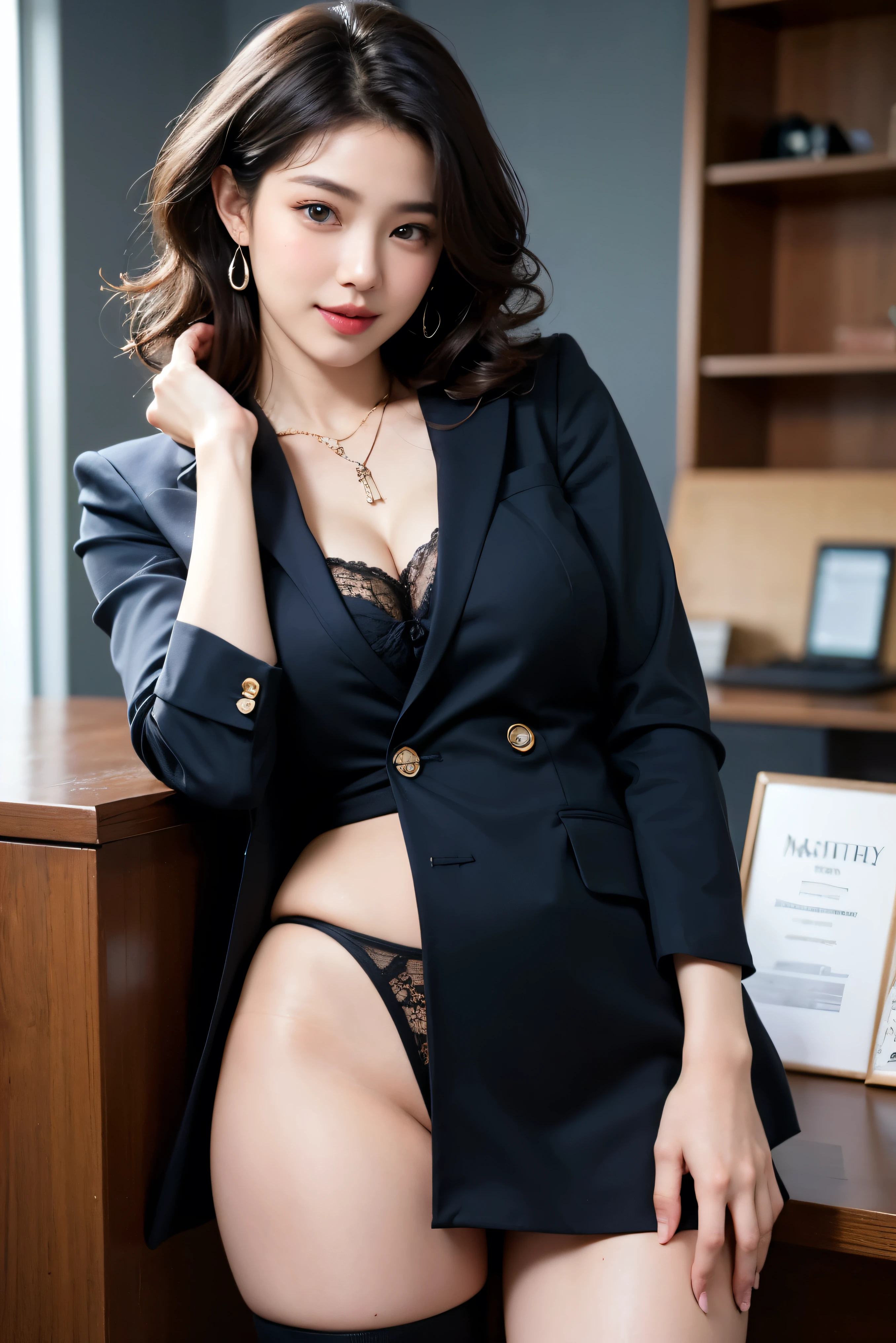 1girl,Solo,view the viewer,Realist,bent over,Black pantyhose,Exposed breasts,big breasts,Blunt bangs,Single hair bun,stand,perky ,Lace panties,love hotel,hand on pussy,cum on pussy,water on ass,big ass,office lady,black jacket,smile,