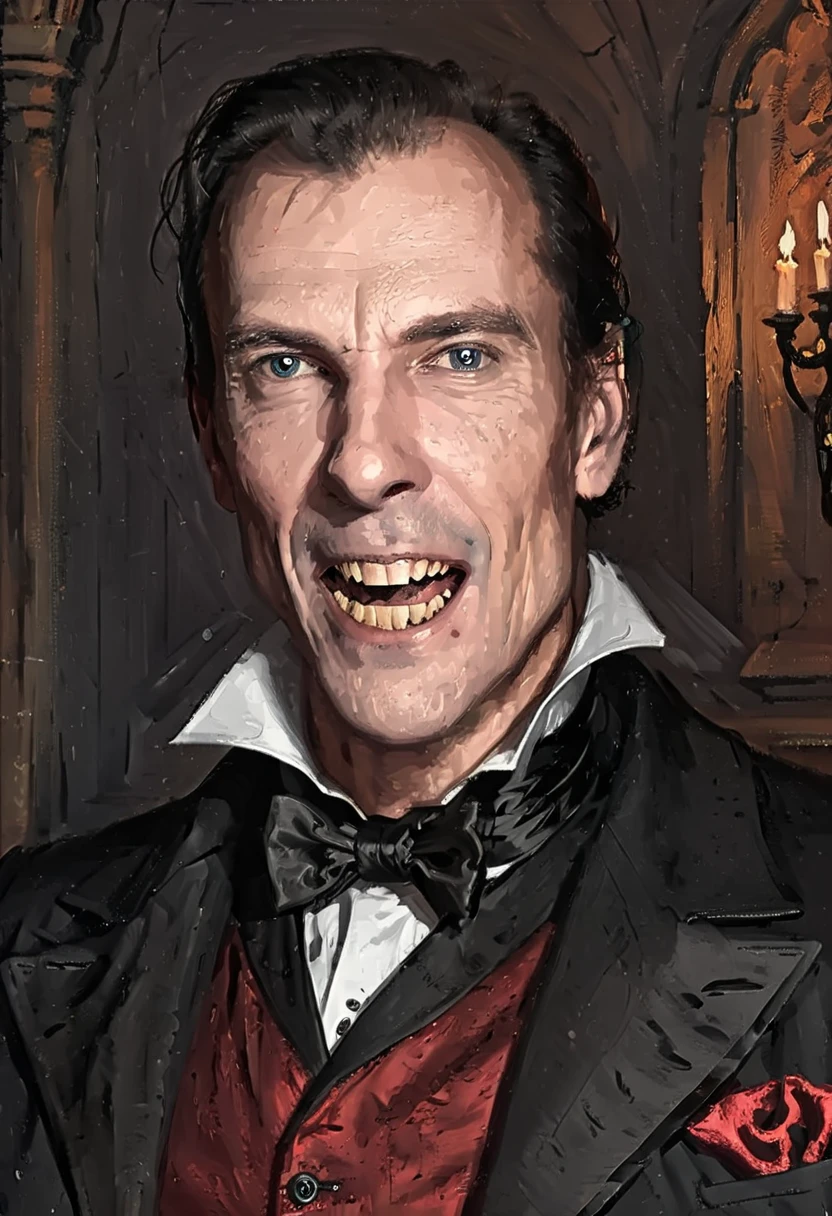 illustrate (((portrait from the waist up))) of @alexmd 50 year old vampire in a tailcoat, evil grin long fangs, crypt , disney style