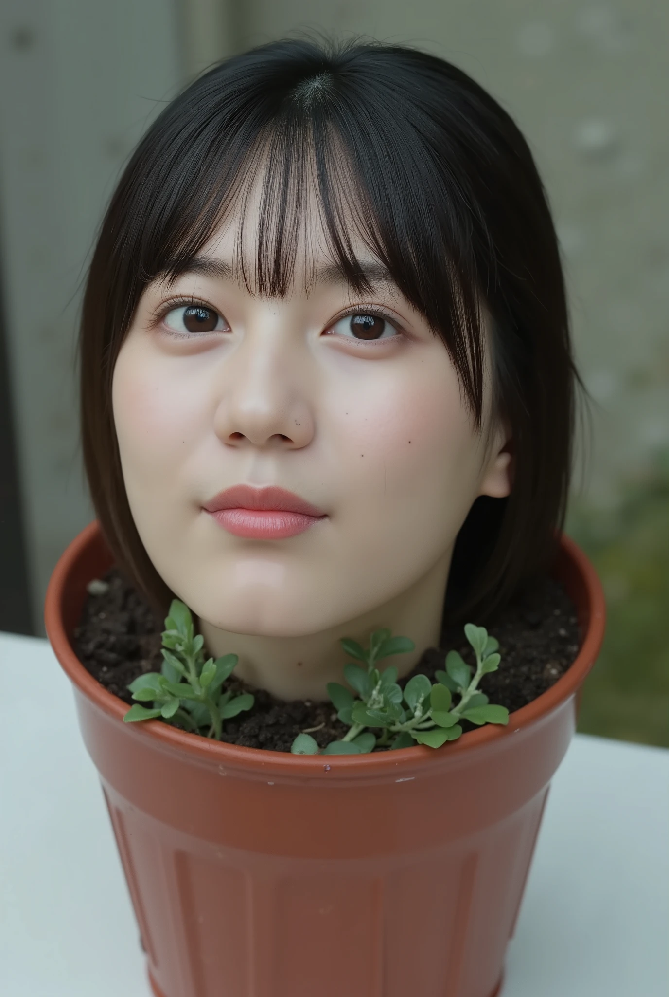 (The high resolution photograph of a young Japanese woman's disembodied head in a flower pot without flowers on the table), photo realistic, masterpiece, amazing quality, intricate details, professional lighting, close-up of her head, face focus, black hair with thick blunt bangs, detailed face, detailed eyes, sophisticated nose, (open mouth, cum in mout byh), profile, view from above, looking up at the viewer, outdoors, daylight, tomak,