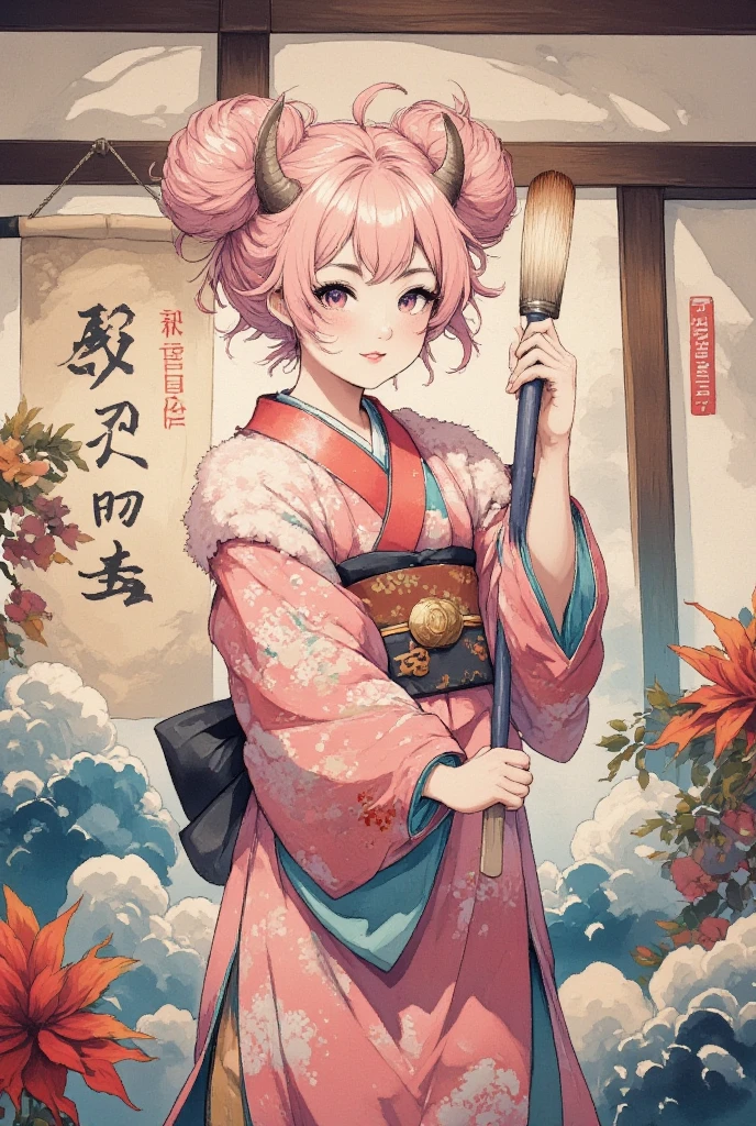 masterpiece:1.3,  highres icon:1.3, (Brush painting, Alone:1.2), One Girl \She has fluffy pink hair tied up:1.5\Round sheep horns:1.2\Thick eyebrows:1.1\Brave expression, smug face:1.5,  pink furry sleeve \long-sleeved kimono:1.5, Waving a human-sized brush :1.4, Letters written on paper "50,000" " thank you" written on paper on the hanging scroll "50,000" break "50,000" Japanese style room:1.3,  vivid brush illustration