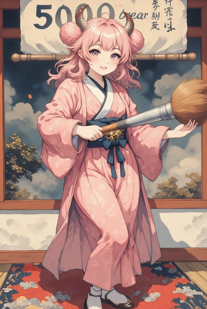 masterpiece:1.3,  highres icon:1.3, (Brush painting, Alone:1.2), One Girl \She has fluffy pink hair tied up:1.5\Round sheep horns:1.2\Thick eyebrows:1.1\Brave expression, smug face:1.5,  pink furry sleeve \long-sleeved kimono:1.5, Waving a human-sized brush :1.4, Letters written on paper "50,000" " thank you" written on paper on the hanging scroll "50,000" break "50,000" Japanese style room:1.3,  vivid brush illustration