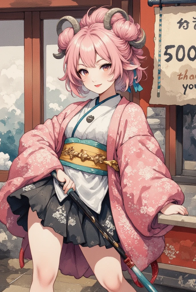 masterpiece:1.3,  highres icon:1.3, (Brush painting, Alone:1.2), One Girl \She has fluffy pink hair tied up:1.5\Round sheep horns:1.2\Thick eyebrows:1.1\Brave expression, smug face:1.5,  pink furry sleeve \long-sleeved kimono:1.5, Waving a human-sized brush :1.4, Letters written on paper "50,000" " thank you" written on paper on the hanging scroll "50,000" break "50,000" Japanese style room:1.3,  vivid brush illustration