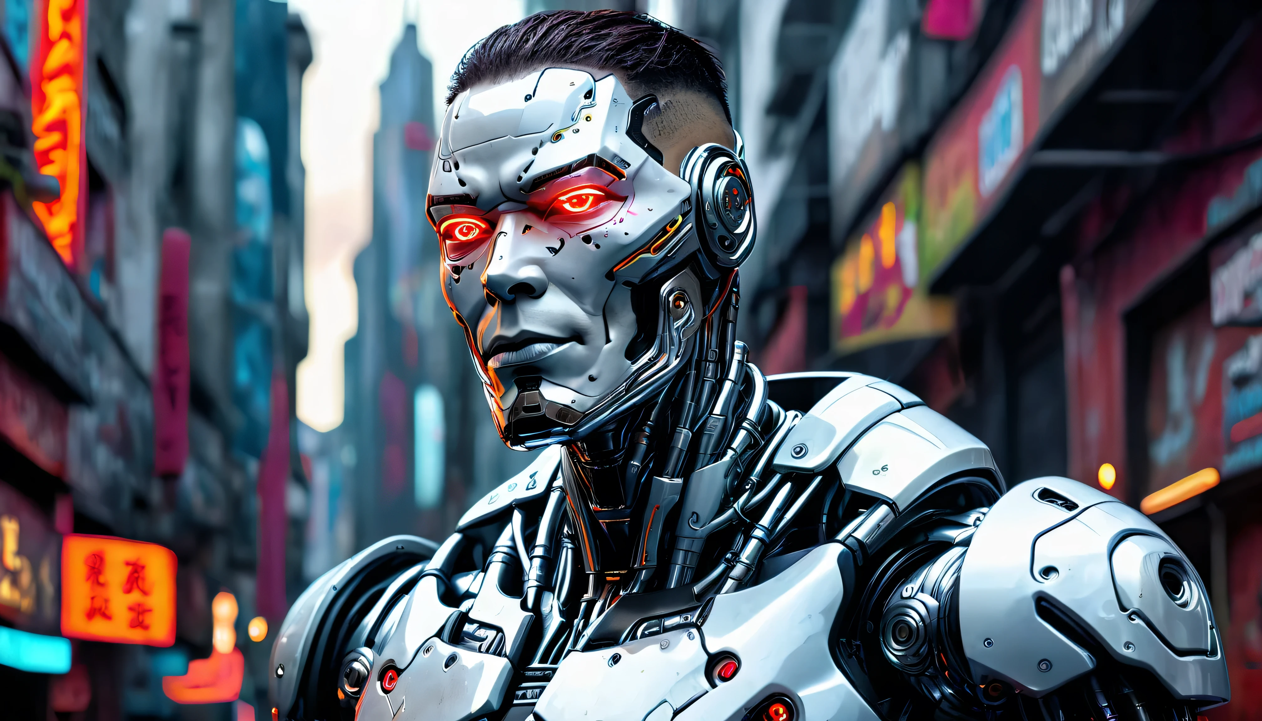 Original photo, ultra detail, male, cybernetic neck, ( cyborg: 1.5), background is an abandoned city, Vivid details, Extravagant Cyberpunk , hyper- realistic, Anatomical, elegant , 8k, top quality, masterpiece, very detailed, ( realistic, photo- realistic: 1.37), Portrait.