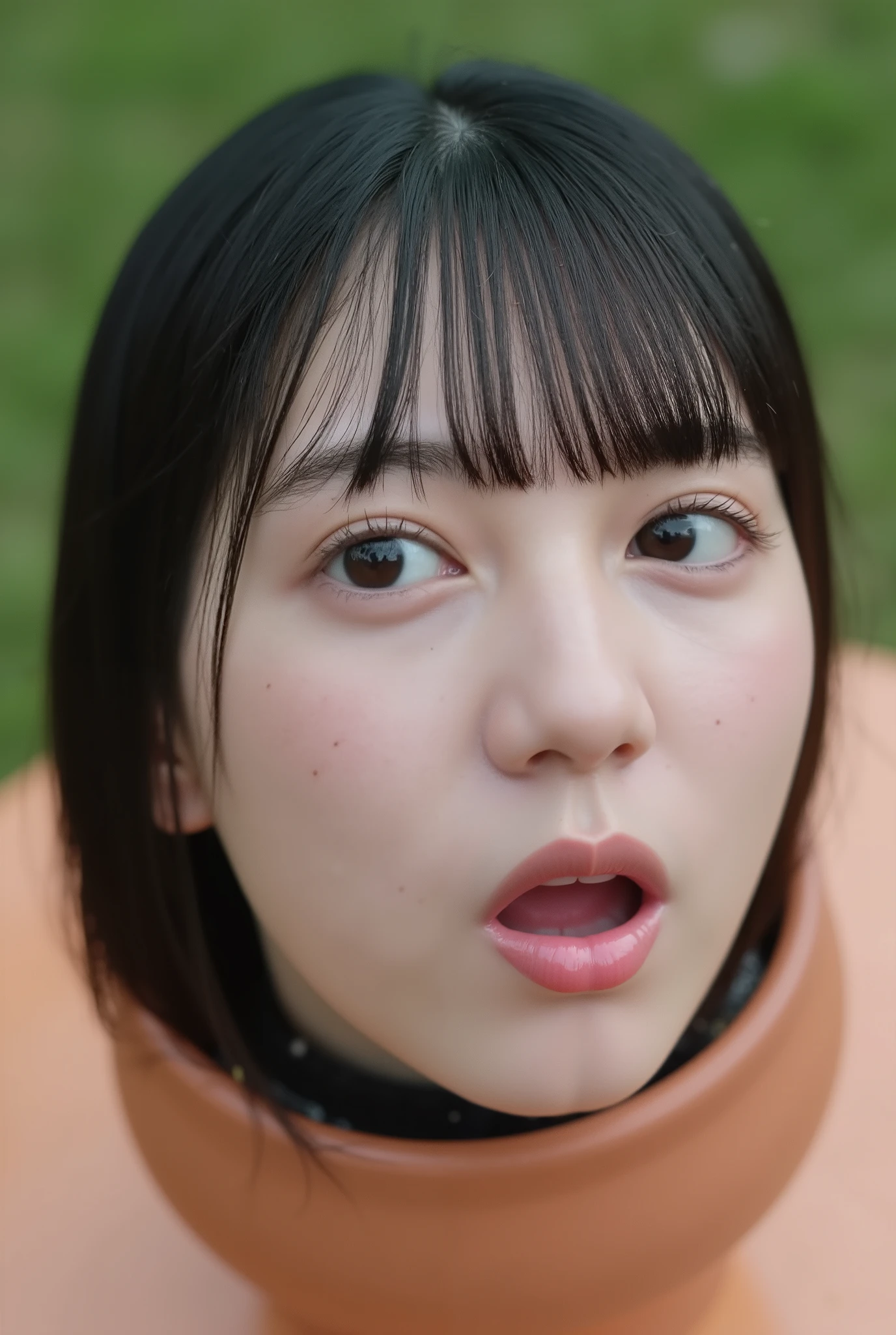 (The high resolution photograph of a young Japanese woman's disembodied head in a flower pot without flowers on the table), photo realistic, masterpiece, amazing quality, intricate details, professional lighting, close-up of her head, face focus, black hair with thick blunt bangs, detailed face, detailed eyes, sophisticated nose, (open mouth, cum in mout byh), profile, view from above, looking up at the viewer, outdoors, daylight, tomak,