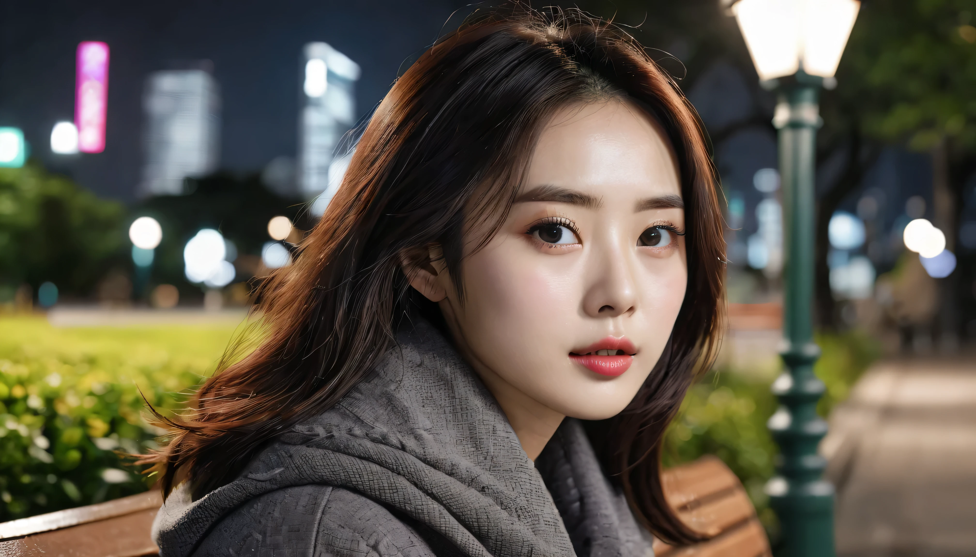 Han Seo-hee sitting on a park bench, Night lights , City lights, moonlight, Night 4K , Fujifilm XT3, 8k, Maximum Results, Filmed on Kodak, award-winning photograph, ( super real :1.5), ( top quality:1.5), Photorealistic , detailed skin texture, masterpiece, ( Photorealistic :1.4), RAWphotograph, Perfect Shading, Realism, photograph, DETAILED FACE TEXTURES , detailed lip texture , Detail ear, [Details of photograph, depth of field,