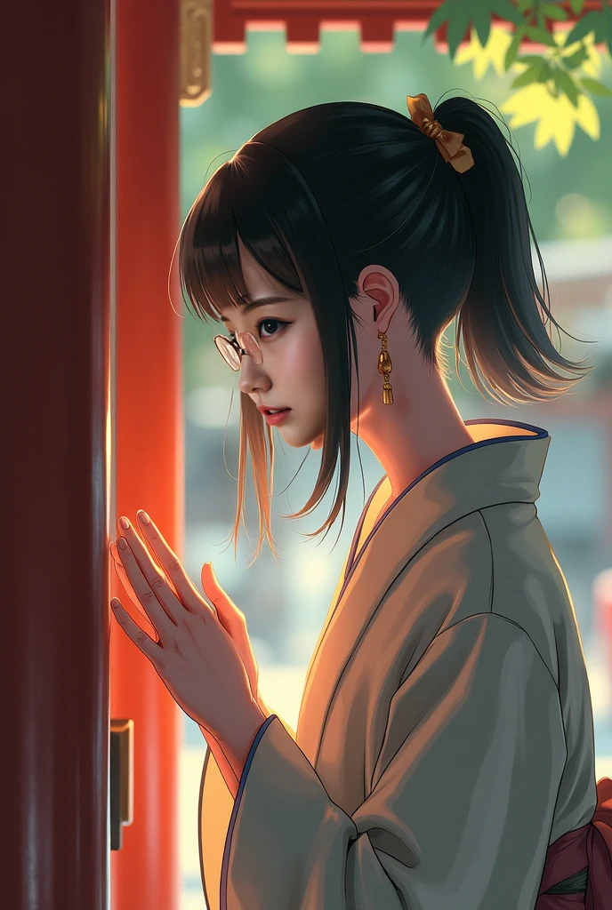 (( top quality)), ((傑 top quality、masterpiece、High sensitivity、 high resolution、 detailed depiction 、 delicate face depiction ))Slender Woman、Glasses、 for the first time、Praying at the Shrine 、Long-sleeved kimono、