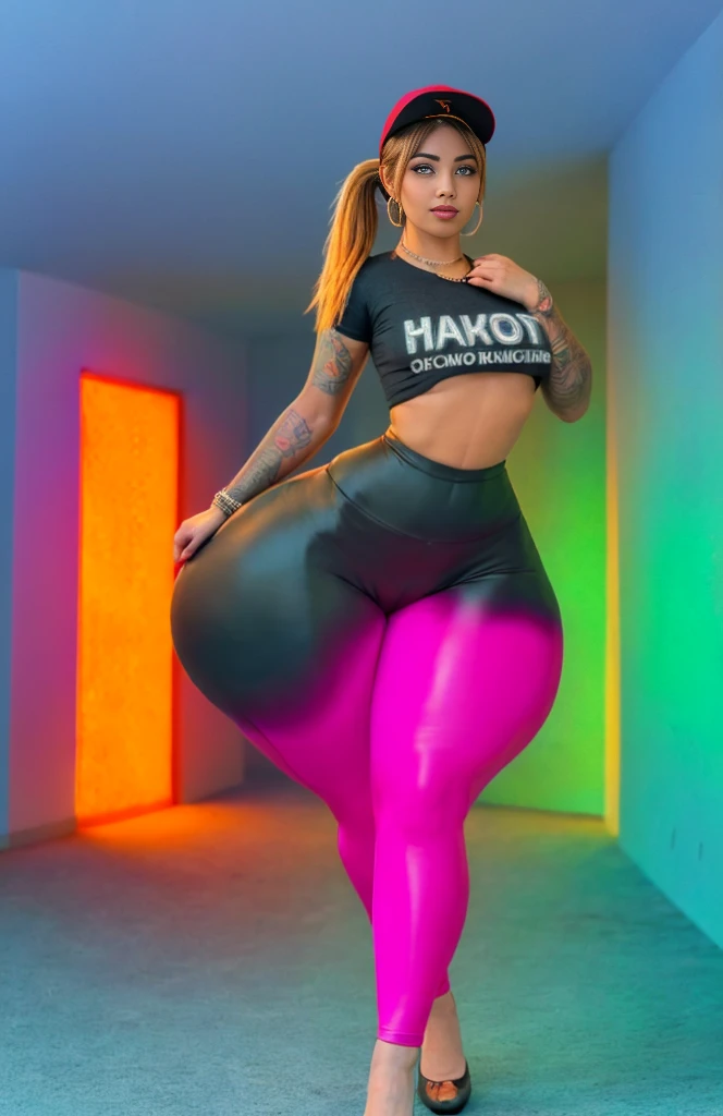 8k, Masterpiece, gran culo, grandes nalgas, big butt , RAW photo, best quality, photorealistic, extremely detailed CG unity 8k wallpaper, Depth of field, Cinematic Light, Lens Flare, Ray tracing, (extremely beautiful face, beautiful lips, beautiful eyes), intricate detail face, ((ultra detailed skin)) 1girl, full body, big breasts, in the dark, deep shadow,(very slim slender fit-muscled body), ((looking at viewer)),(big smile), (fashion city night, (neon sign), (blurry background), midnight, (vacant city), (without people in the background), pretty korean girl, white diamond earrings, dia bracelets, dia necklace, clear eyes, walking , front shot, (pale skin), face forward, (big eyes), ((upper body shot)), (baseball cap), ((red color leggings)), (camel toe, shape), ((T-shirt, that say TURN BACK CRUME)), (ponytail) (looking at viewer), ((smile))(aesthetics,artistic)retrato,(melhor qualidade:1.2),(realista:1.37)extremely detailed facial features,Escuro,marrom,smoky eyes, grandes nalgas, gran culo, large ass, ,full red lips,Flawless smooth skin,"parecido com um gato",olhar sedutor,Confident and seductive expression,cabelos longos e ondulados perfeitamente penteados caindo sobre os ombros,(vibrante,rico)cores,roupa feminina e provocante,(ultra-detalhado)Tight blue and red Scrunchbutt leggings highlighting your curvy figure and toned legs,visible round buttocks and thick thighs,postura encantadora,facing the camera with a slight tilt of the head,perfect lighting emphasizing your curves and creating shadows to add depth and dimension to the tattooed body image Tattooed_garotas