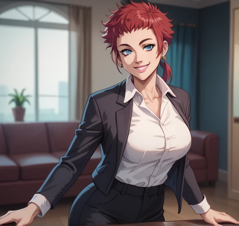  Emma Amanda ,  red hair,  short hair, Low ponytail , Blue eyes, Earrings,  pink lips,  EmmaFormal , camisa blanca,  black pants,  black jacket , formal, I wore a,  collared shirt , open clothes,  long sleeves,  open jacket, (smile,  looking at the viewer, smile,  squinting eyes ),, 16K,  masterpiece,  highly detailed , highres,  high quality,  better quality,  big breasts, sexy,  big ass,  view from the back  