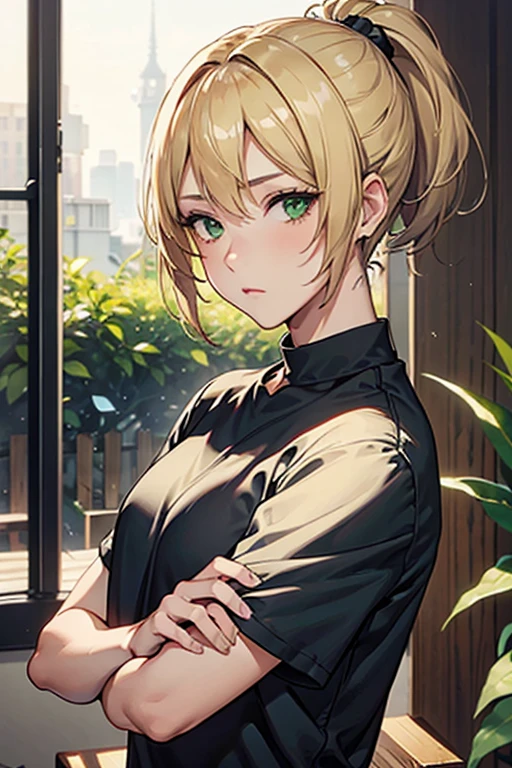 1boy,blonde,green eyes,short hair,side part,High Ponytail,fair skin, calm atmosphere,black short sleeve