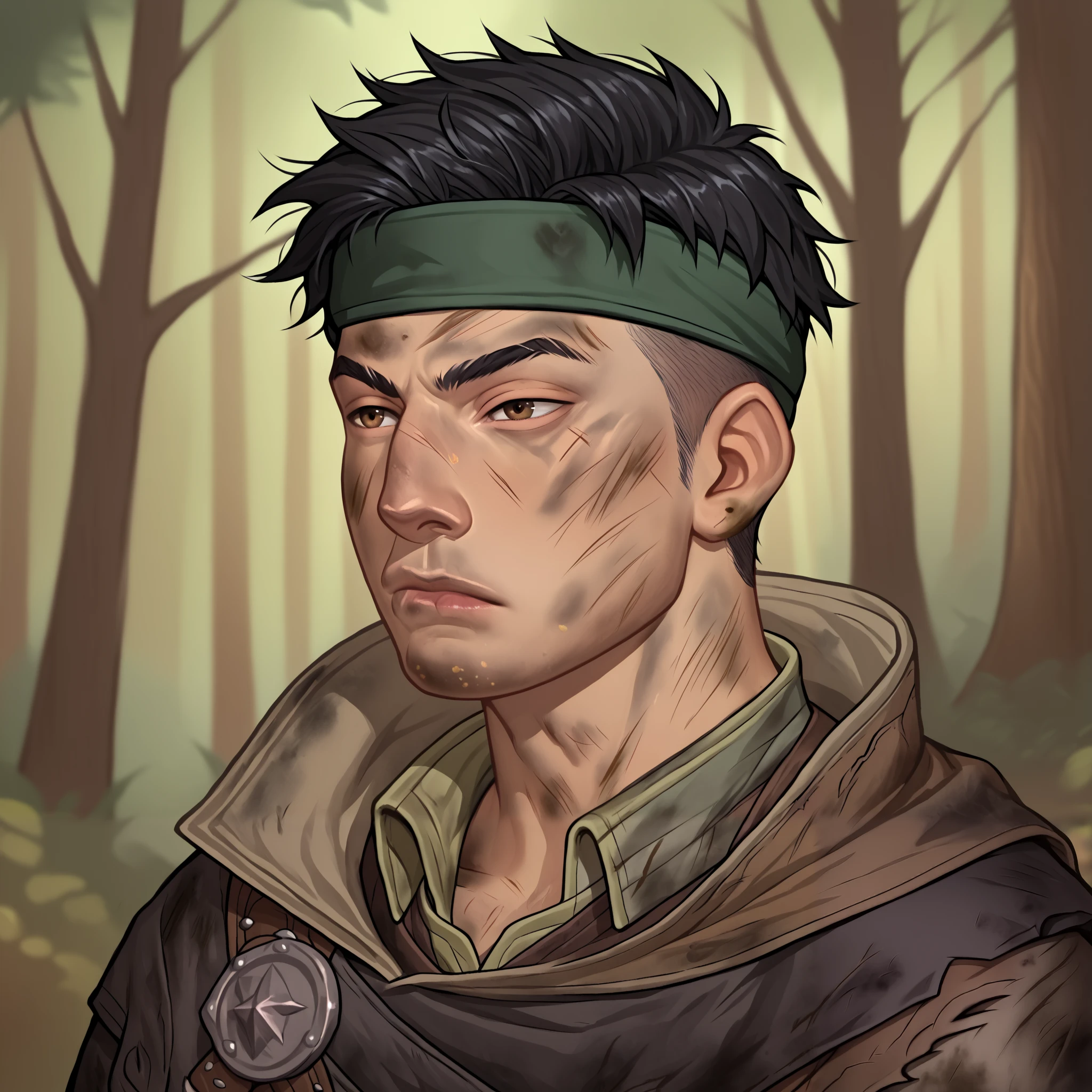 (((beautiful, high quality, detailed face))), score_9, score_8_up, score_7_up, BREAK, human, male adventurer, RPG rogue, lanky, gangly, slender, Nose bridge, Big nose, (dark hair:1.3), buzz cut, headband, fresh cuts, bruises, dirty clothes, bandoleer, pockets, lots of pockets, cloak, cocky expression, dirty, dusty, 1man, young, male focus, solo, portrait, upper body, portrait, forest background, fantasy, blurred background, Expressiveh, detailxl