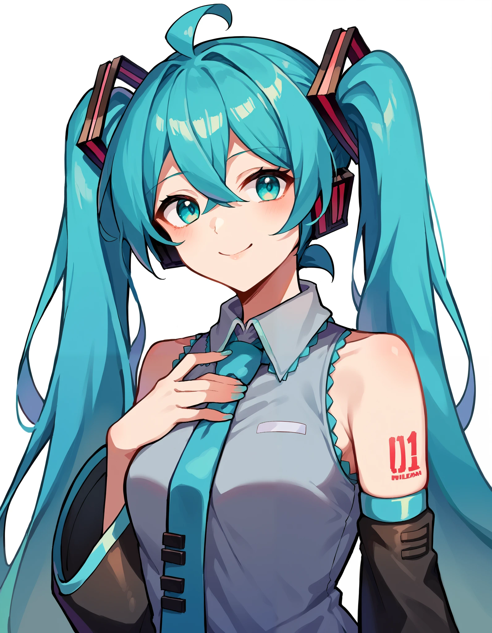 score_9, score_8_up, score_7_up, source_anime,
mikuhatsune, miku hatsune, ahoge, aqua eyes, aqua hair, crossed bangs, hair between eyes, hair ornament, headphones, long hair, twintails, mature female,
aqua necktie, black footwear, black skirt, black sleeves, boots, collared shirt, detached sleeves, grey shirt, necktie, pleated skirt, shirt, skirt, sleeveless, sleeveless shirt, thigh boots, tie clip,
white background, half upper body, smile, looking at viewers, hand on chest