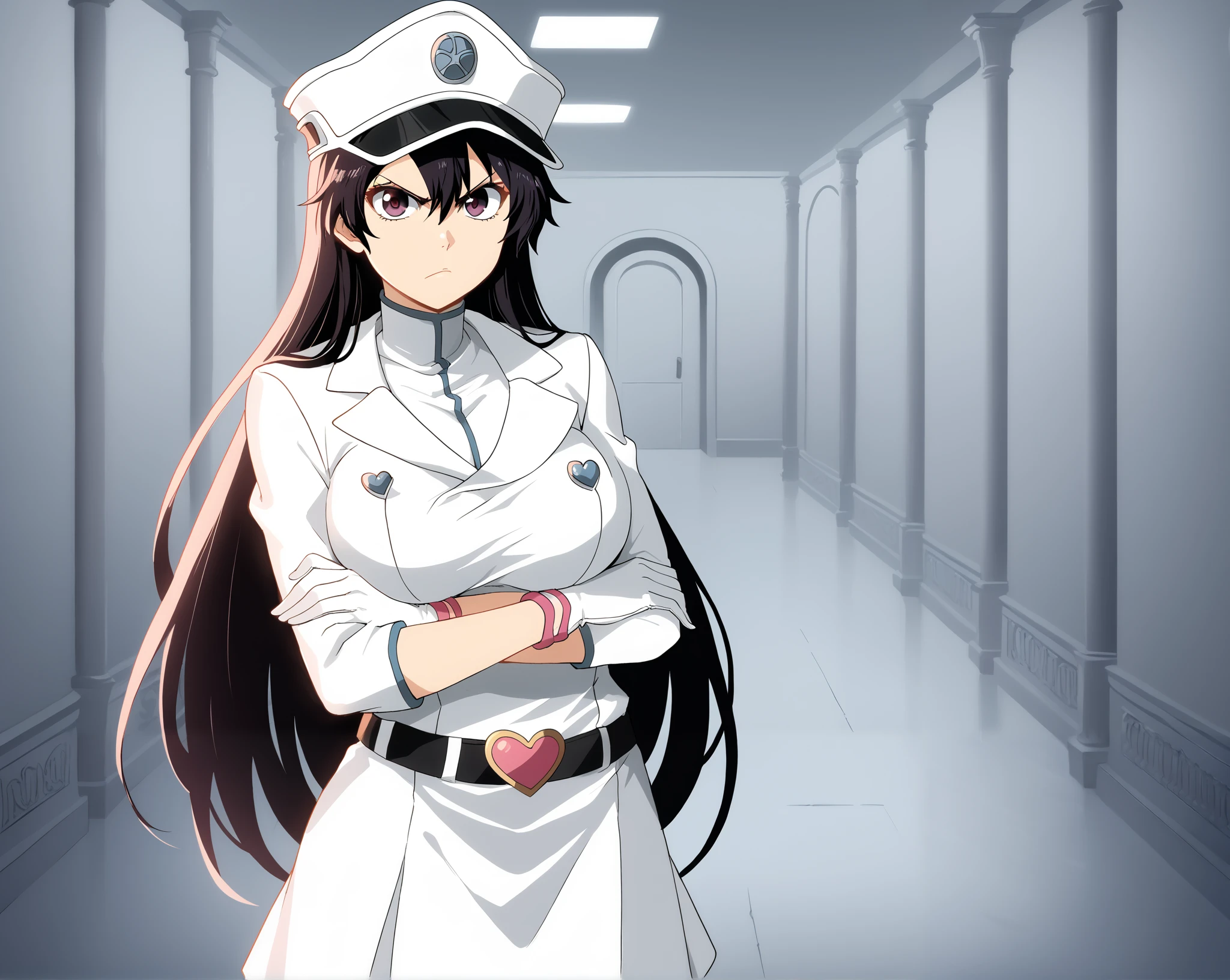 solo, 1girl, bambietta_basterbine, black hair, long hair, hair between eyes, white peaked cap, white gloves, white jacket, white skirt, black belt, heart belt buckle, pink clothing accents, large breasts, score_9, crossed arms, looking at viewer, v-shaped eyebrows, hallway, pillars, cowboy shot, annoyed, closed mouth